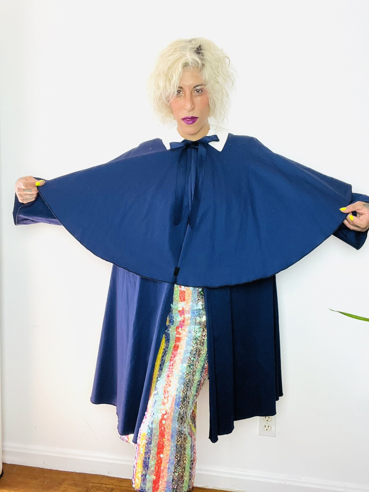 1980’s 80s Cotton Faille Oversized CAPE Peter Pan Collar Vintage Swing Coat L XL