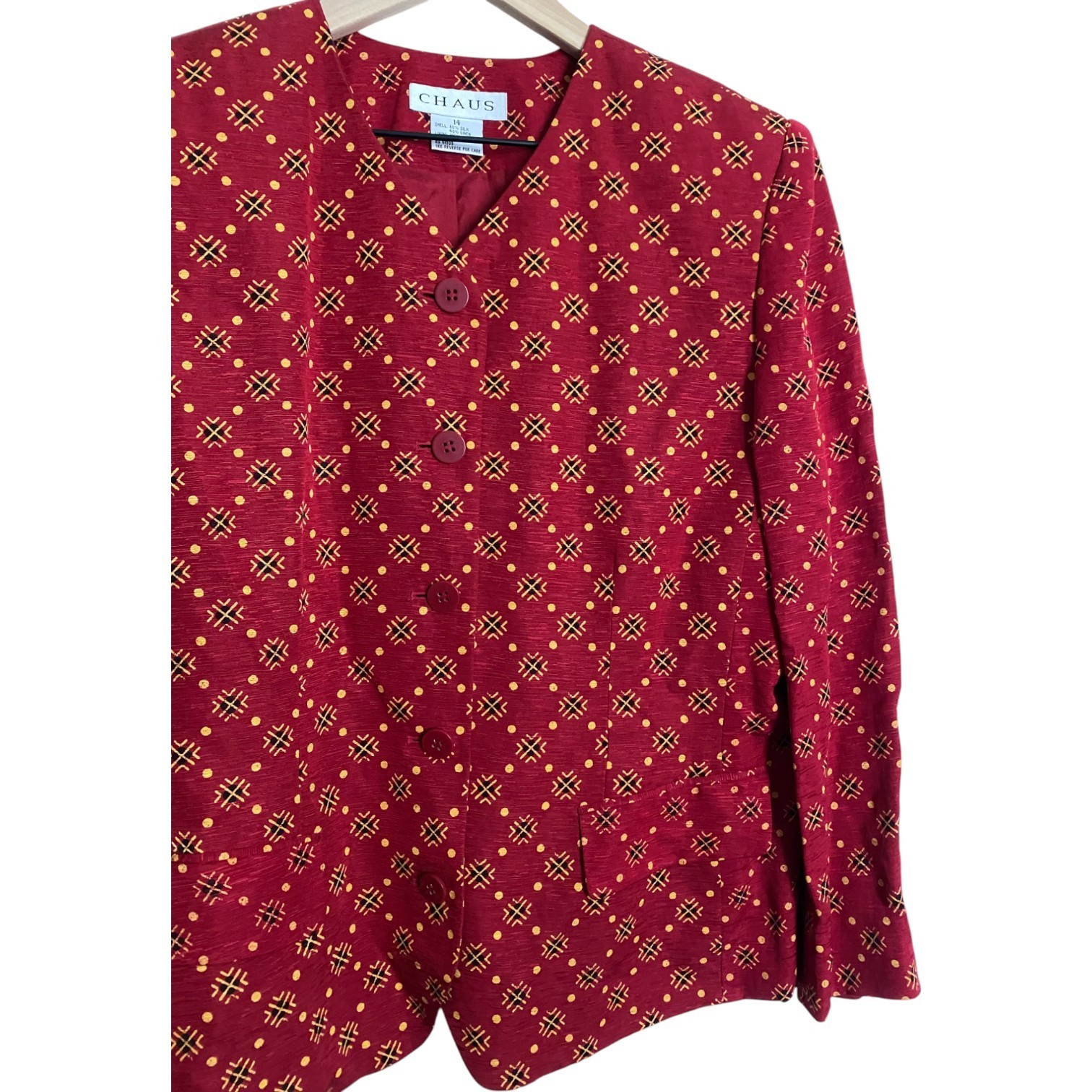 Red Silk Linen Collarless Blazer with Front Flap Pockets, Size 14