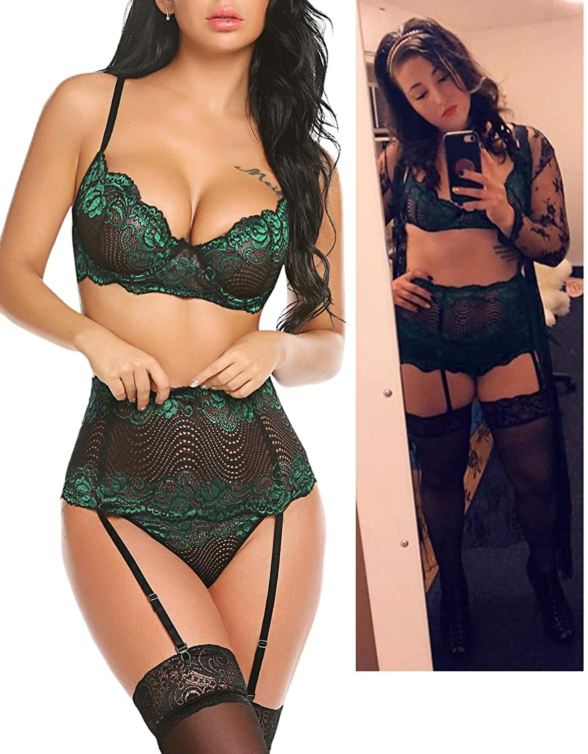 Women’s Lingerie Sets with Garter Belt 3 Piece Lace Teddy Babydoll Sexy Bodysuit