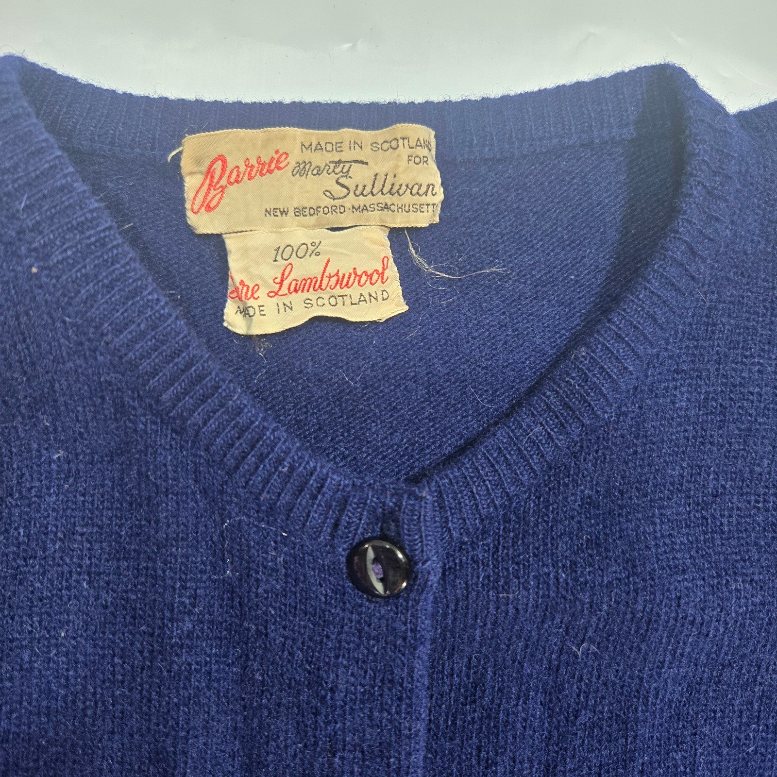 Vtg Barrie for Marty Sullivan Navy Blue 100% Lambswool Cardigan Made in Scotland