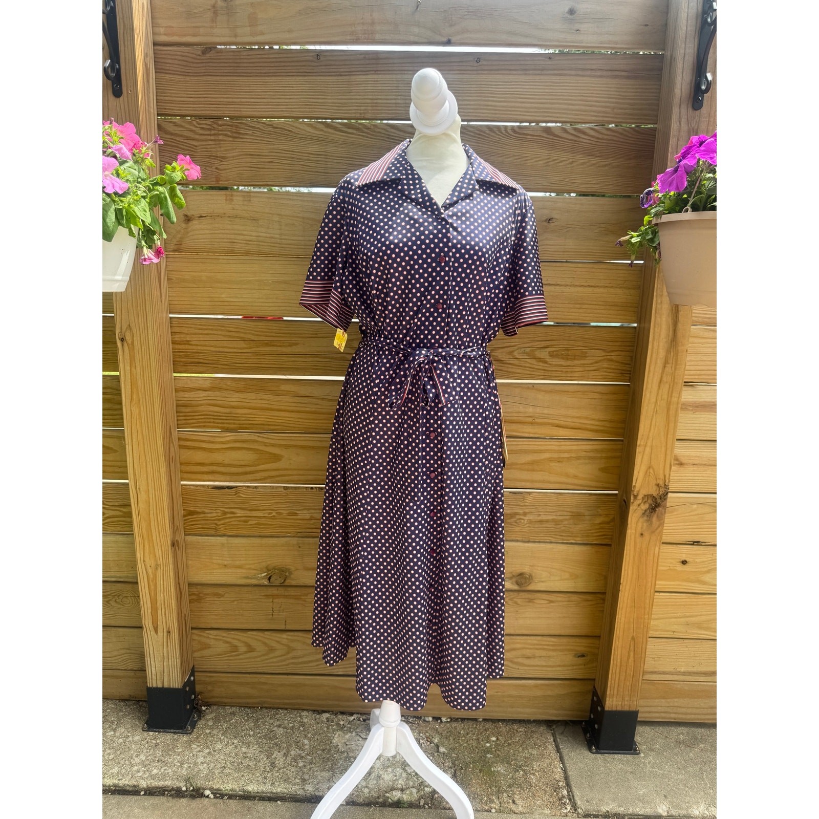 Vintage 1970s Polka Dot Dress Damon Navy Blue Red Secretary Shirt Dress NWT L XL