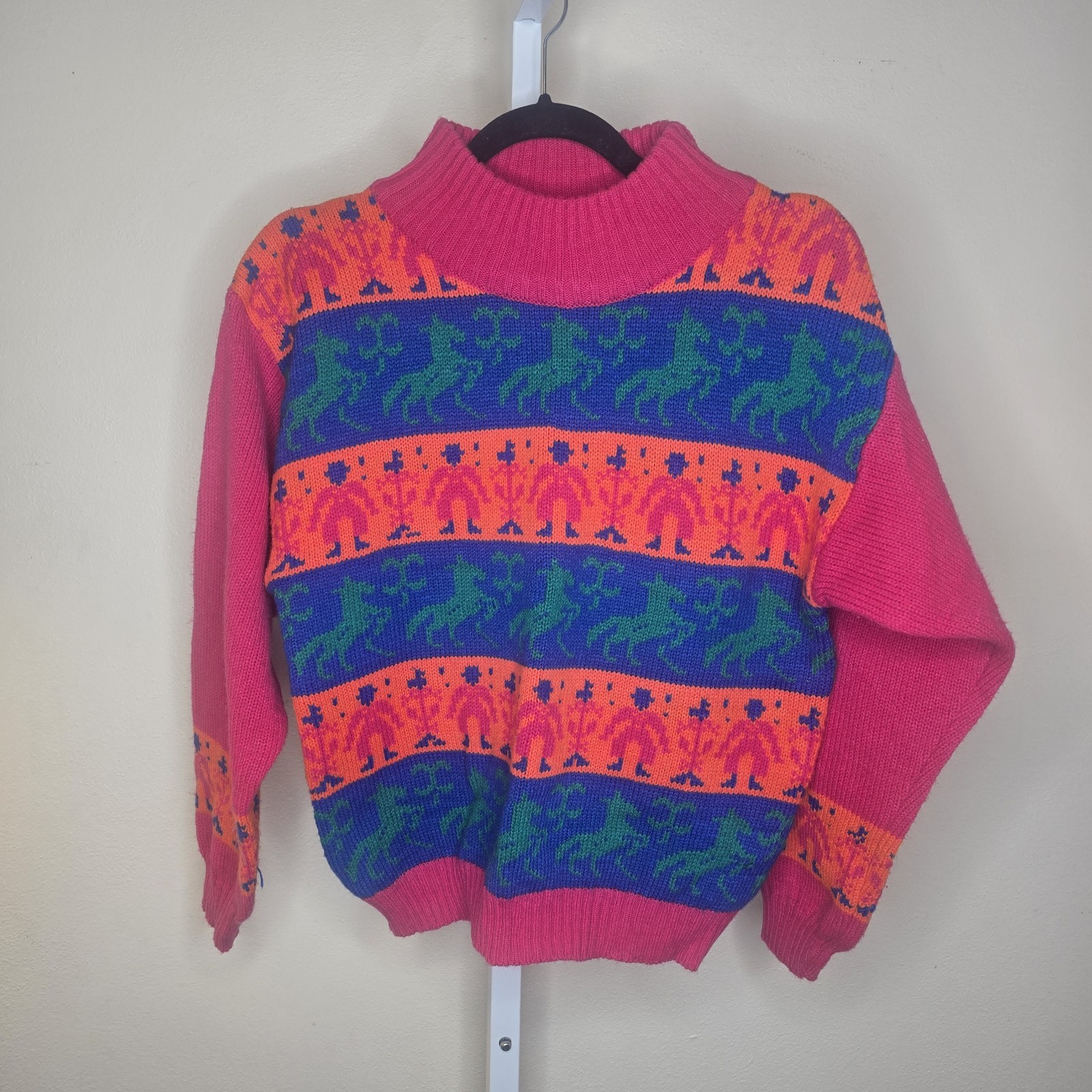 Vintage Modern Reign Sweater Womens M Bright Neon Horse Mockneck 80s 90s