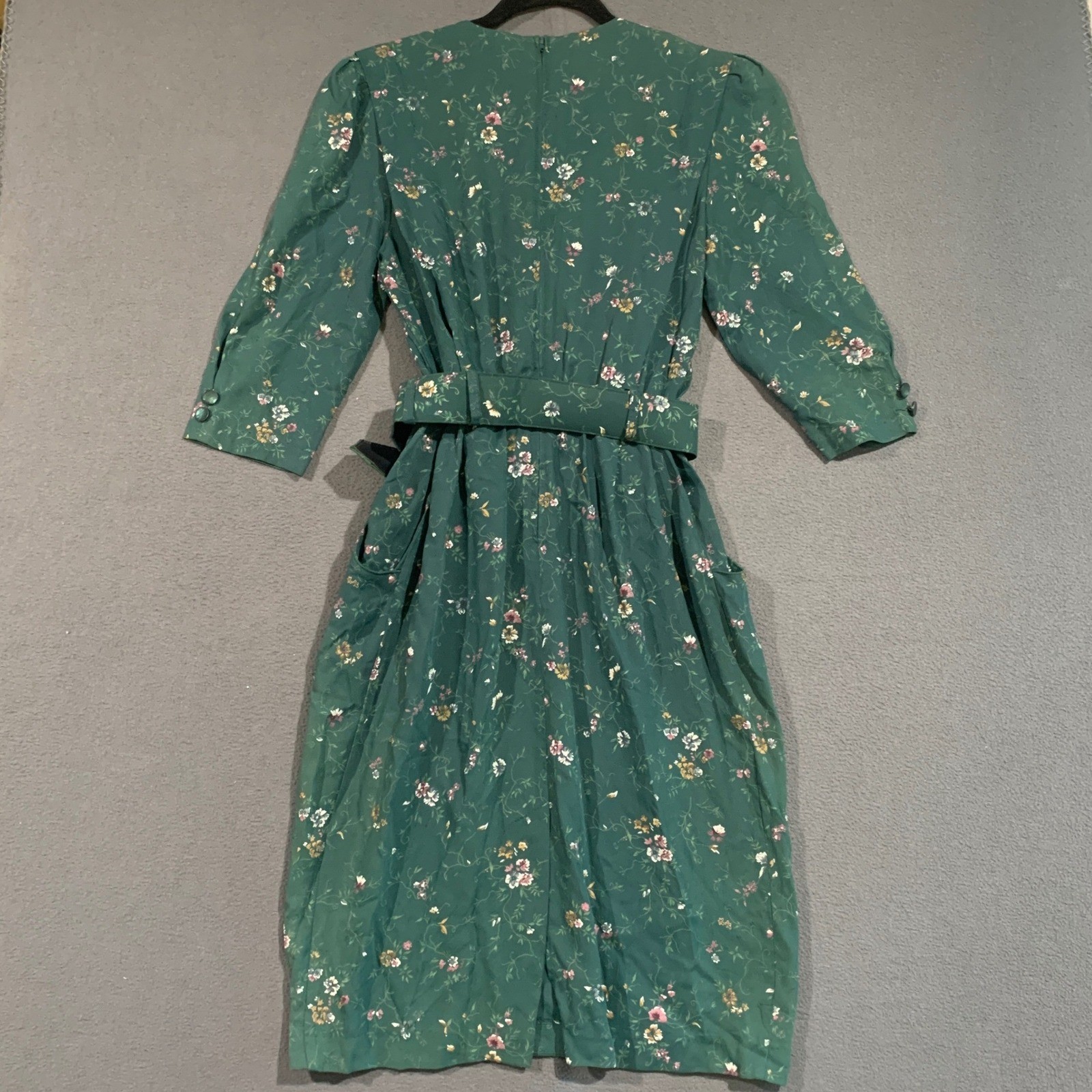 S.L. Petites Vintage 80s Floral Midi Dress Dark Green Lace Inset Belted Size 8P