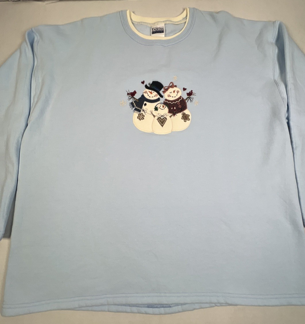 90s Endless Designs Snowman Sweatshirt XL Light Blue Embroidered Winter Holiday