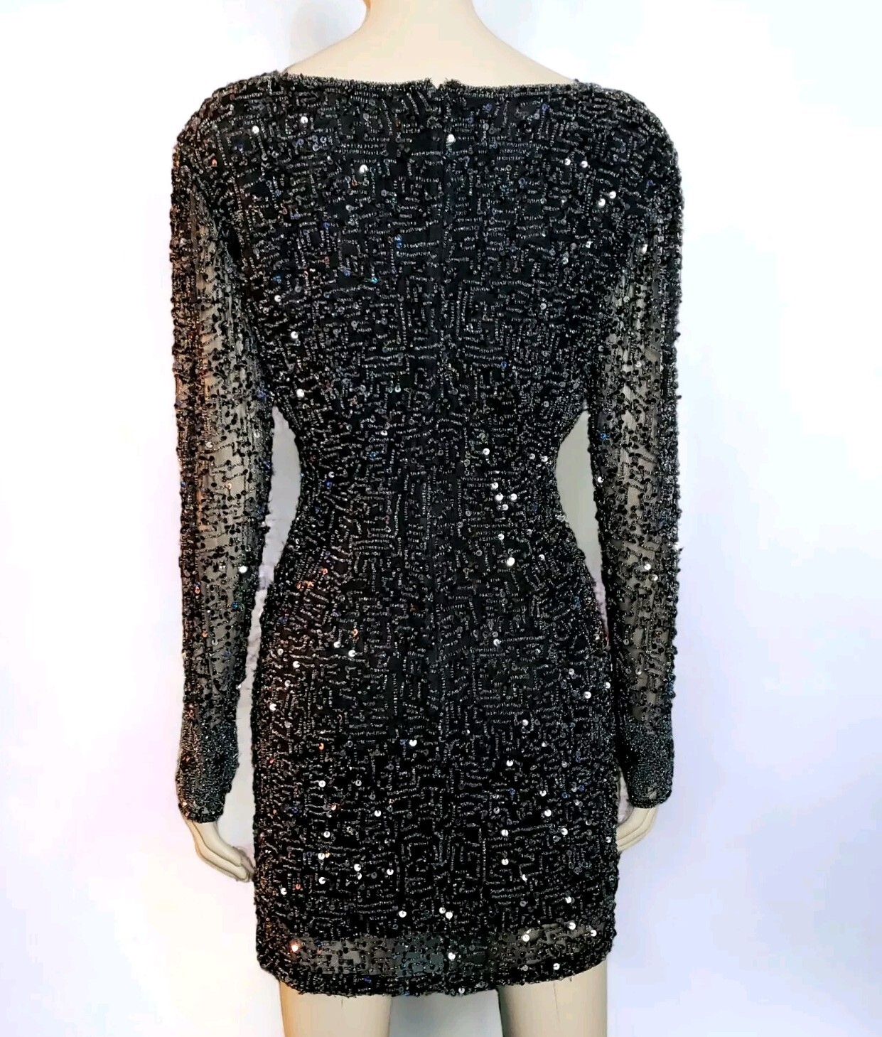 Vintage Riazee Beaded Sequin Mini Dress Black Body Con Long Sleeve Womens 2/4