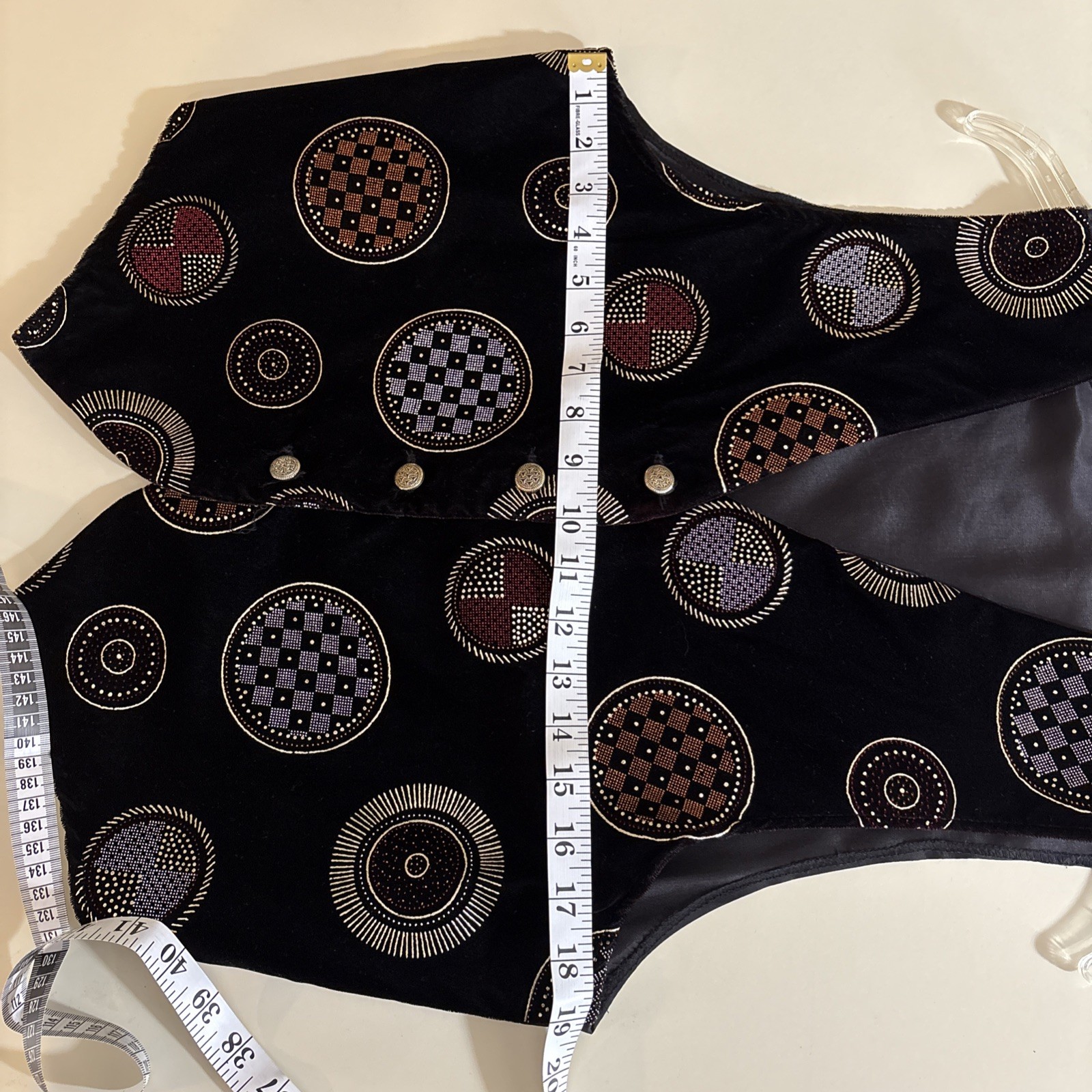 VTG Gold Links Velvet Vest SzL Black Gold Metallic Circle Eclectic Art Deco