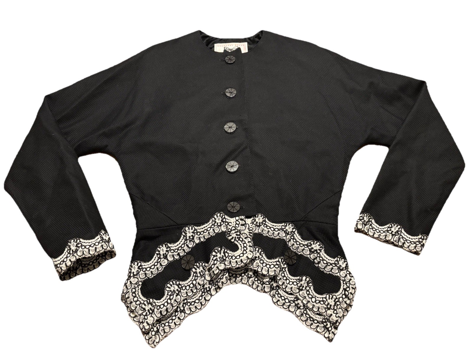 Vintage 1980s Geoffrey Beene Skirt Jacket Set Lace Embroidered Black White 8