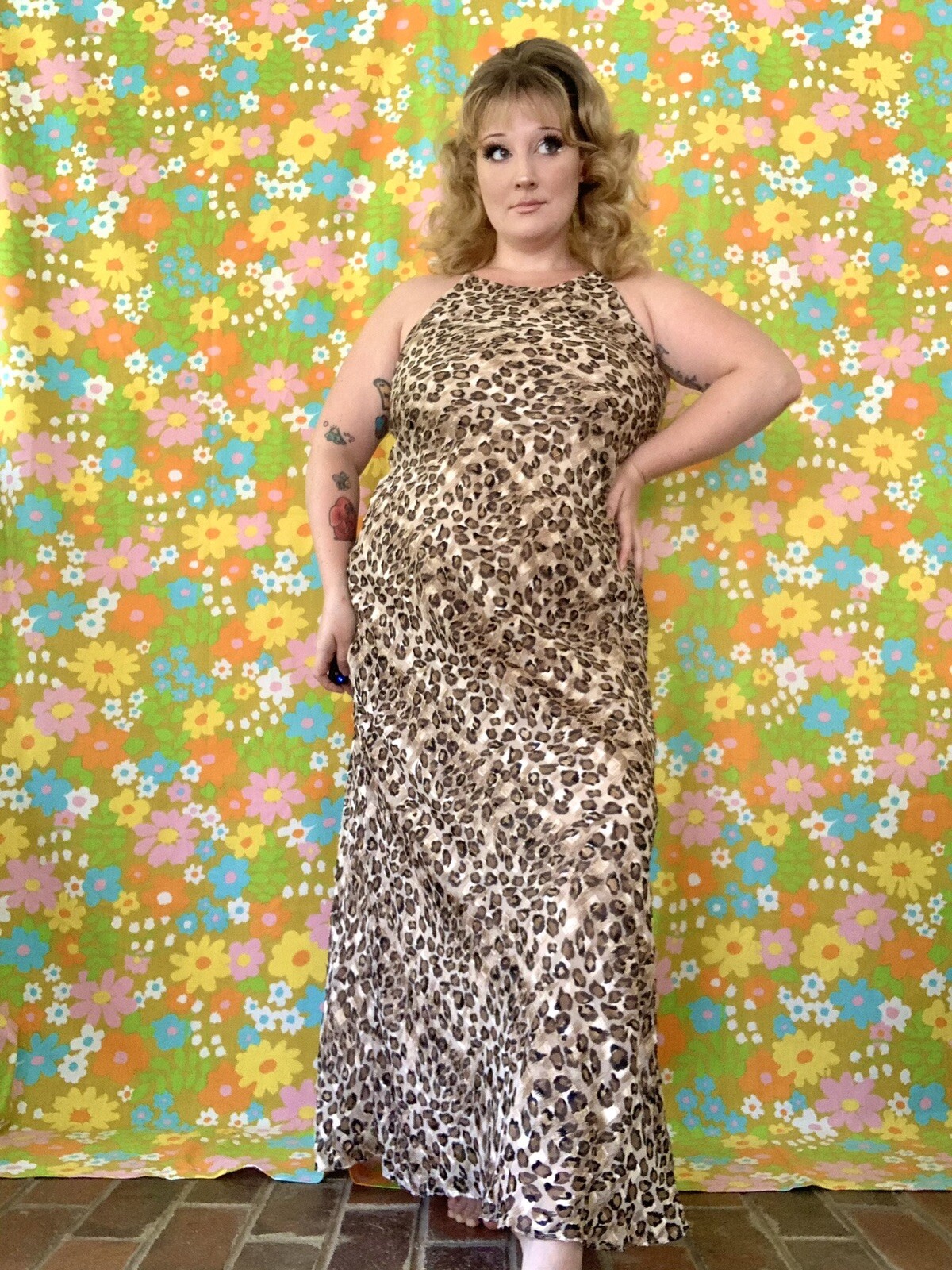 Vintage 1990s glamorous cheetah print maxi dress size L/XL
