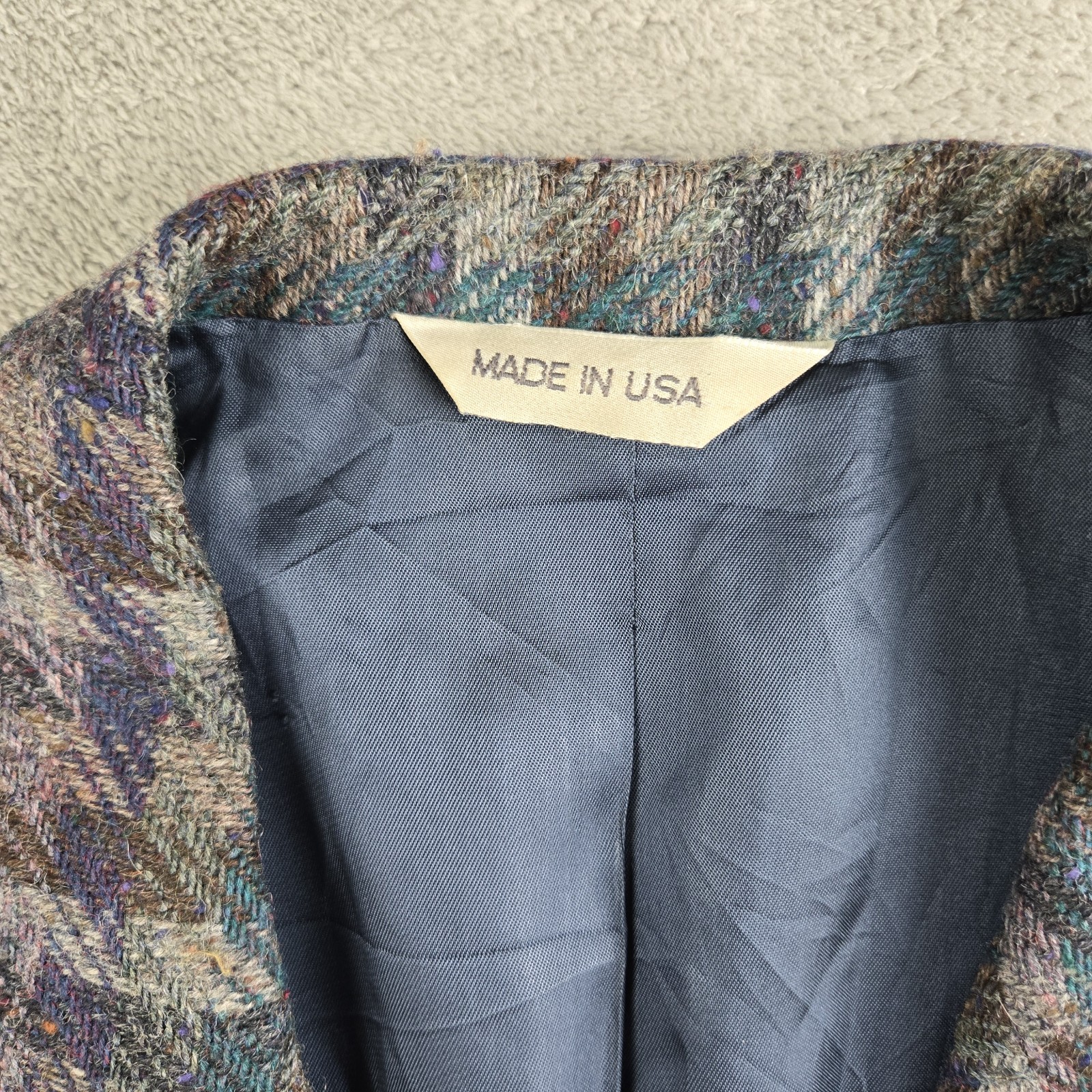 Vintage Laura Caspari Jacket Women Gray Purple Green Houndstooth 100% Welsh Wool