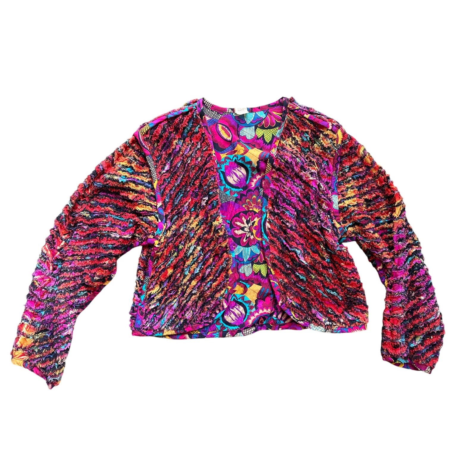 Boho Multi-Color Textured Ribbon Shaggy Cropped Open Jacket One Size Rayon