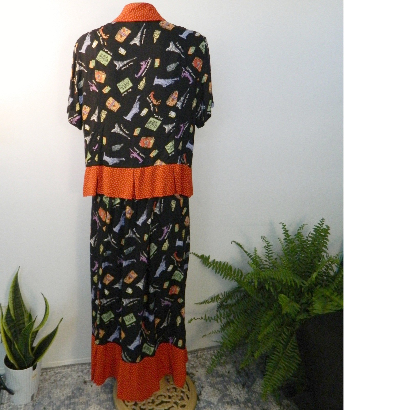 Nicole Marie Skirt Set Women XL Black Travel Novelty Print Rayon 90s Vintage USA