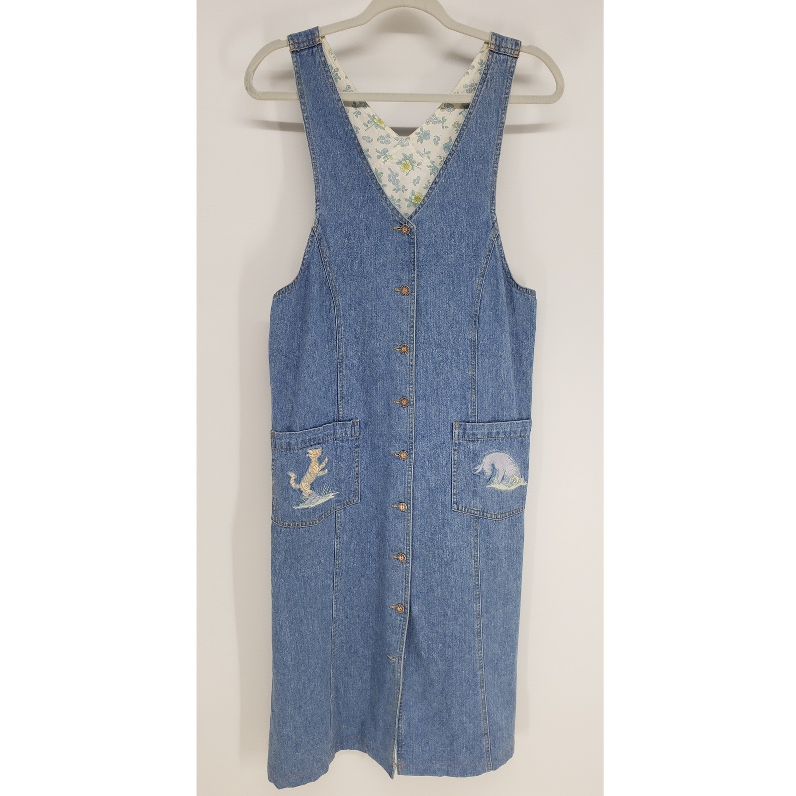 Vintage 90s The Disney Store Winnie the Pooh Denim Jumper Dress Women M Blue
