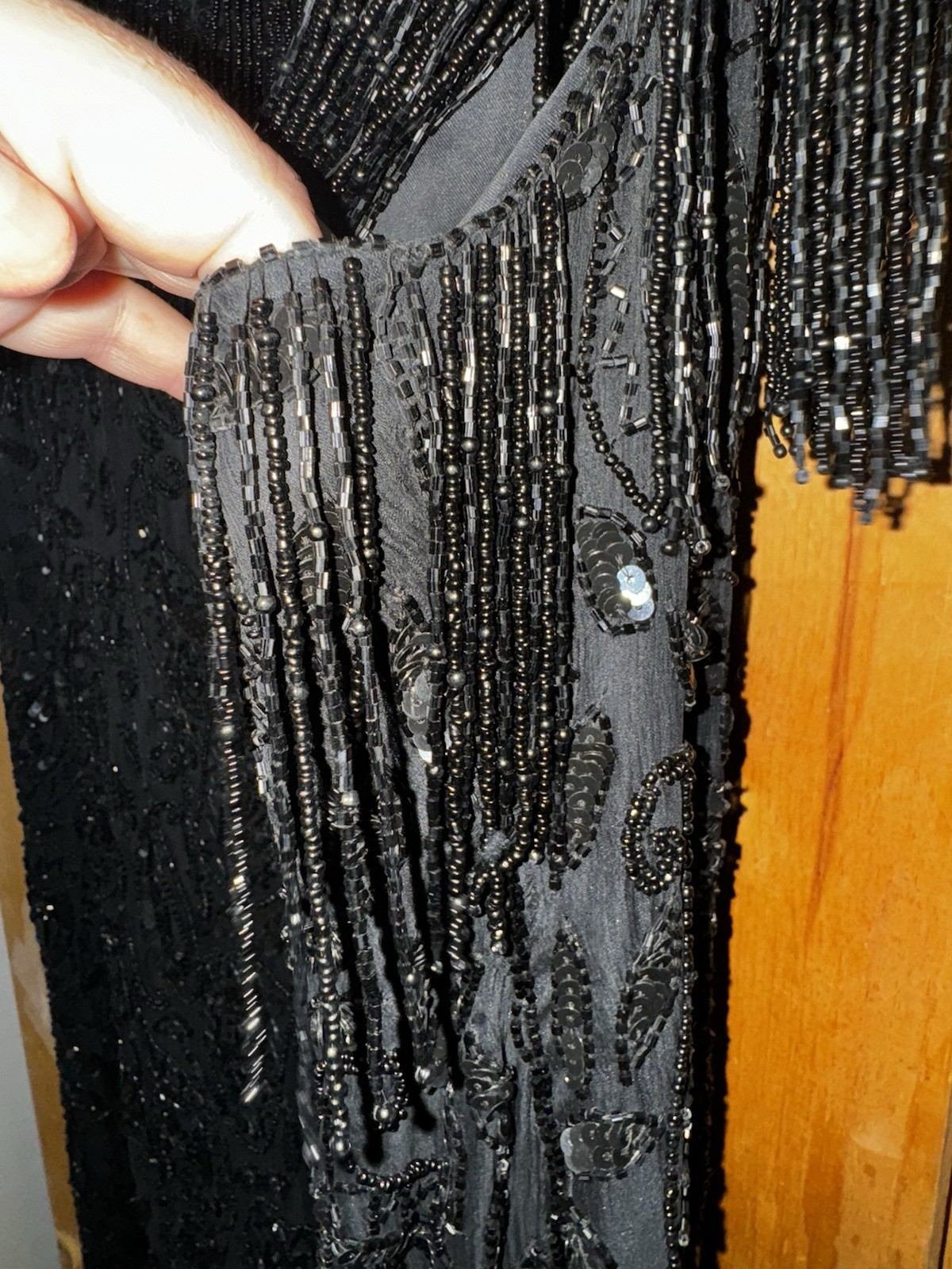 Mid 1990’s Black Tan Chho Sequinned & Beaded Dress with Fringe 2X BUST 44-48”