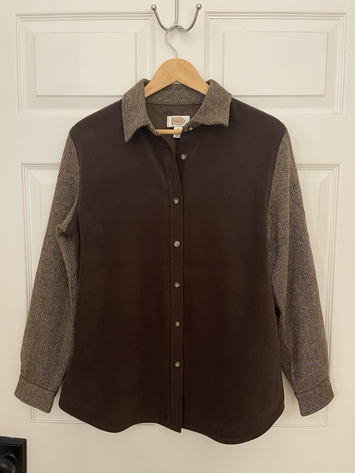 Talbots Vintage Womens 12 (L) Old Money Look Tweed Wool Blend Suede Look Shirt