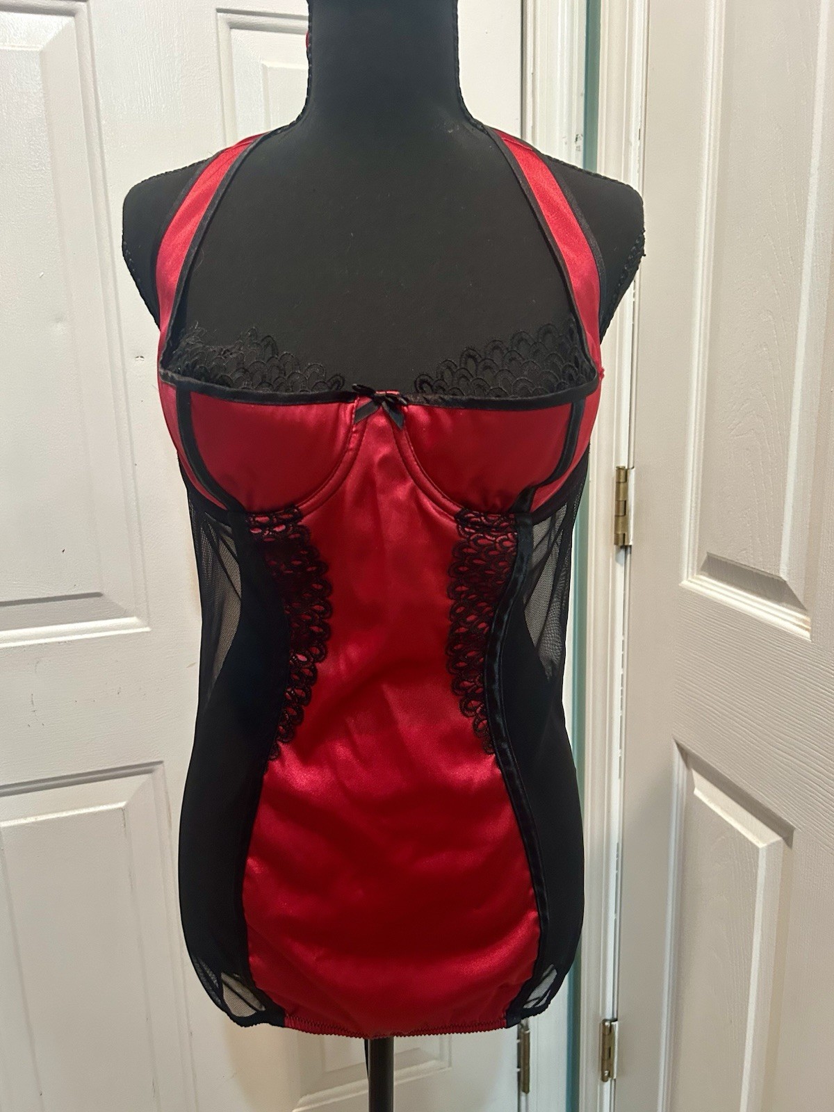 VTG Shirley of Hollywood Red Satin Black Mesh Lace Corset Style Lingerie Dress