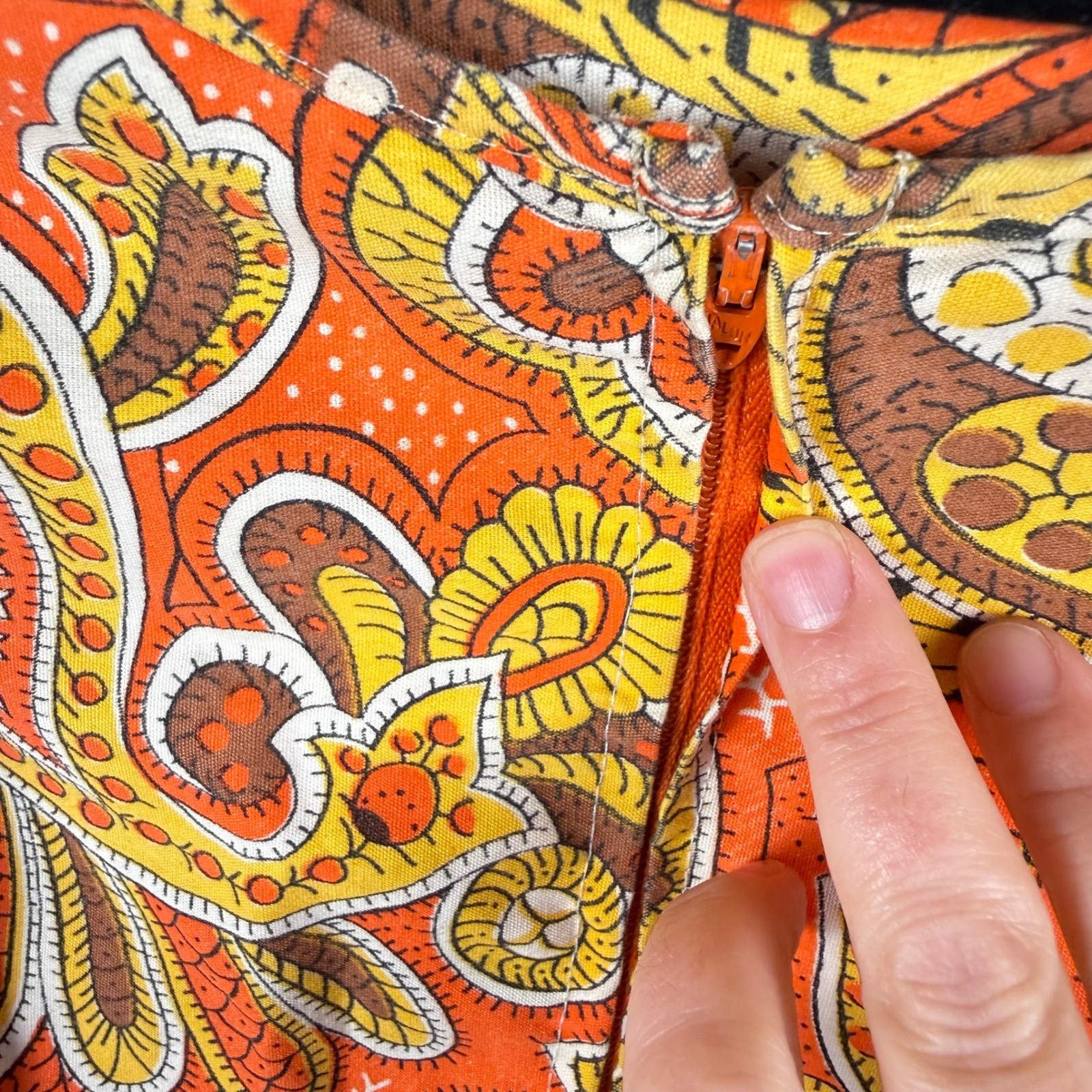 Vintage Komar Orange Paisley Zip Front Sheath Dress 70s Retro Boho Made in USA