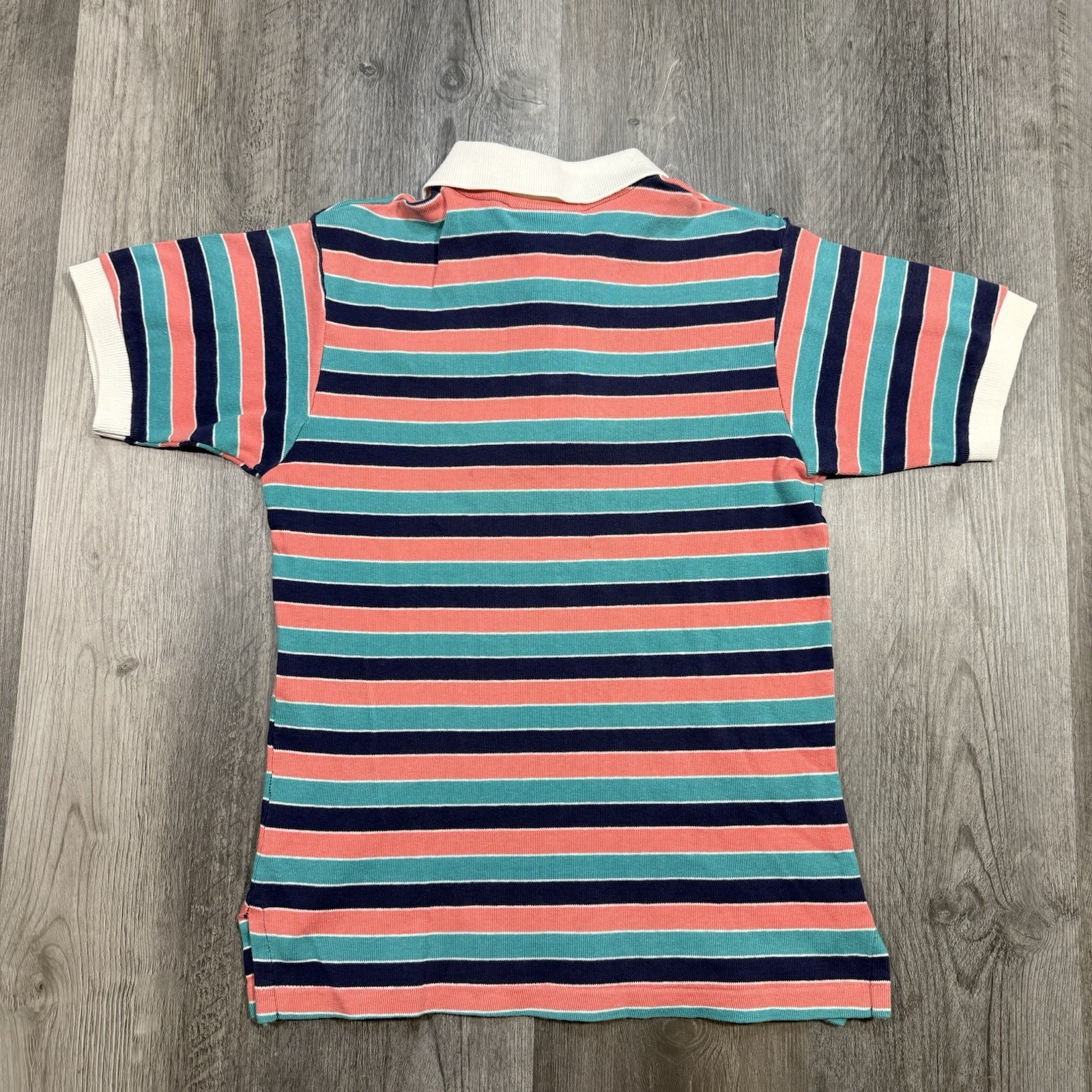 Vintage 90s Court Casuals Striped Polo Shirt Teal Pink Salmon USA Womens Small