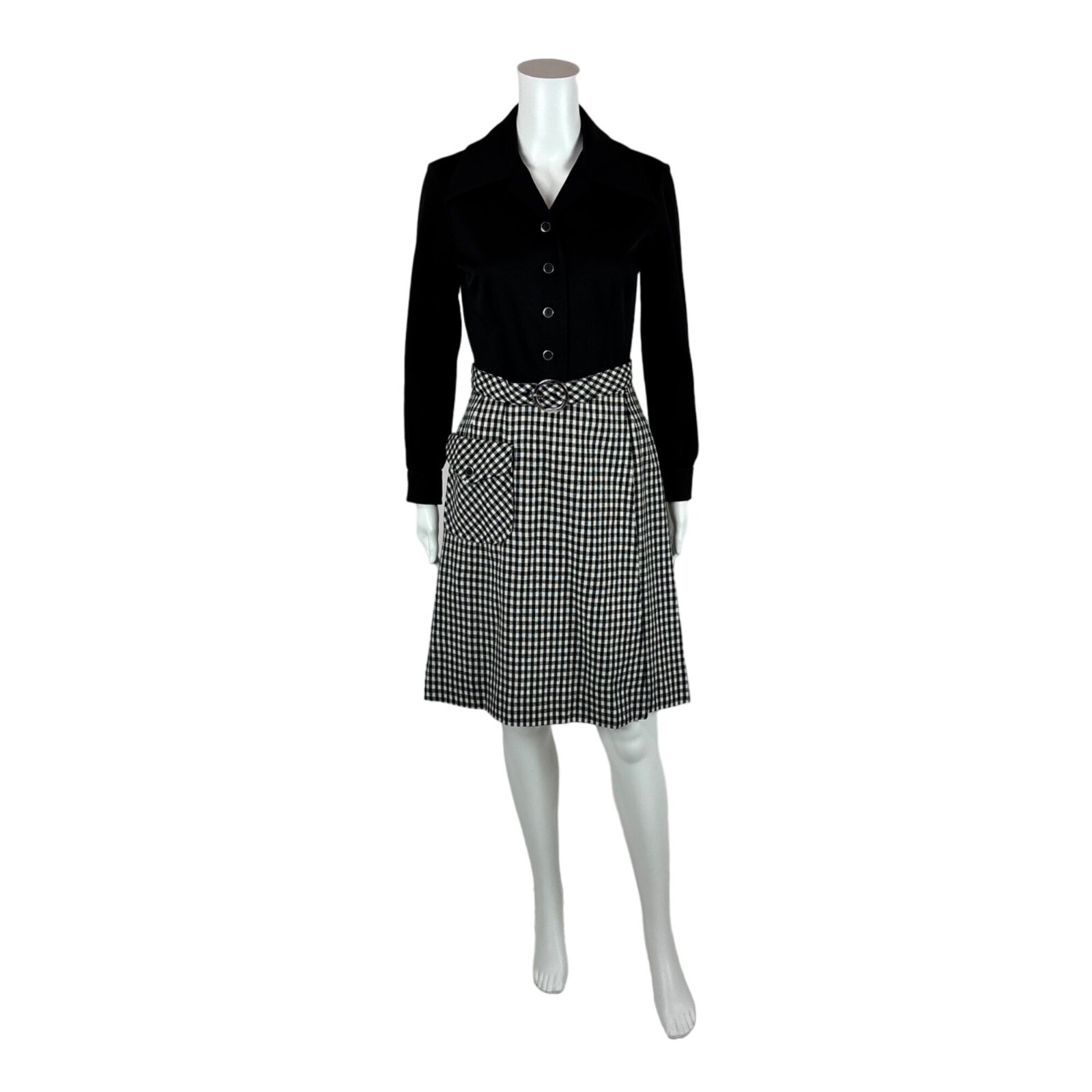 Vintage 70s Day Dress Women’s Extra Small Black White Checkered Skirt Secretary
