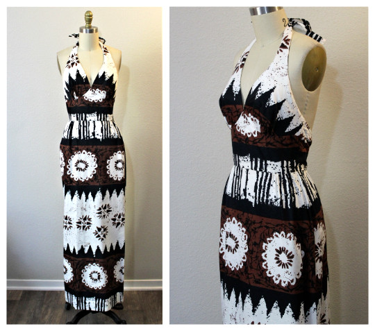 Vtg 60s 70s Waltah Clarkes Hawaiian Halter Barkcloth Sundress Maxi Luau Dress