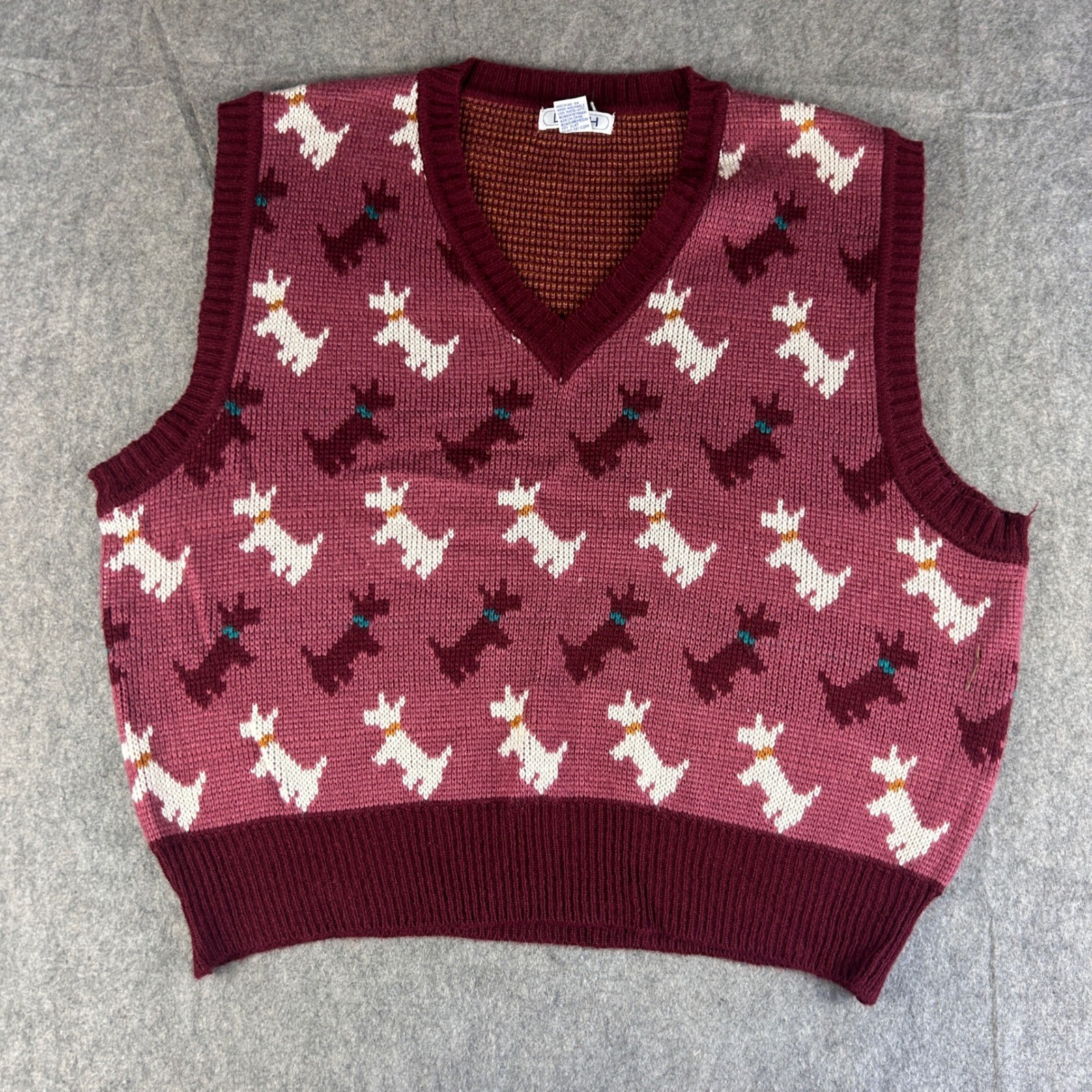 Vintage LOH Vest Women’s 44 Scottie Dog Sweater Maroon V-Neck Acrylic Knit