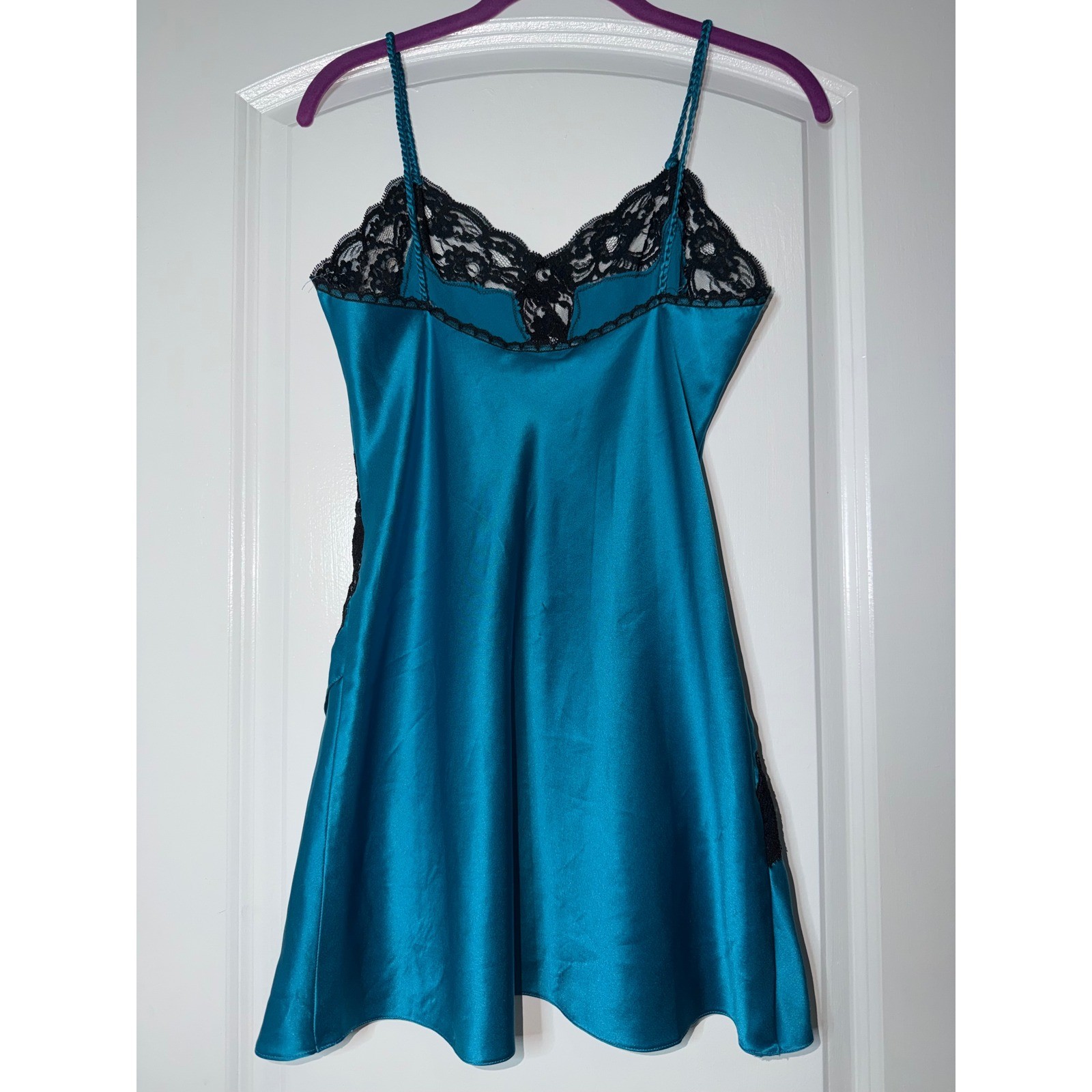 Vintage Victoria’s Secret Blue Satin Lace Trim Slip Dress Size P 90s Nighty