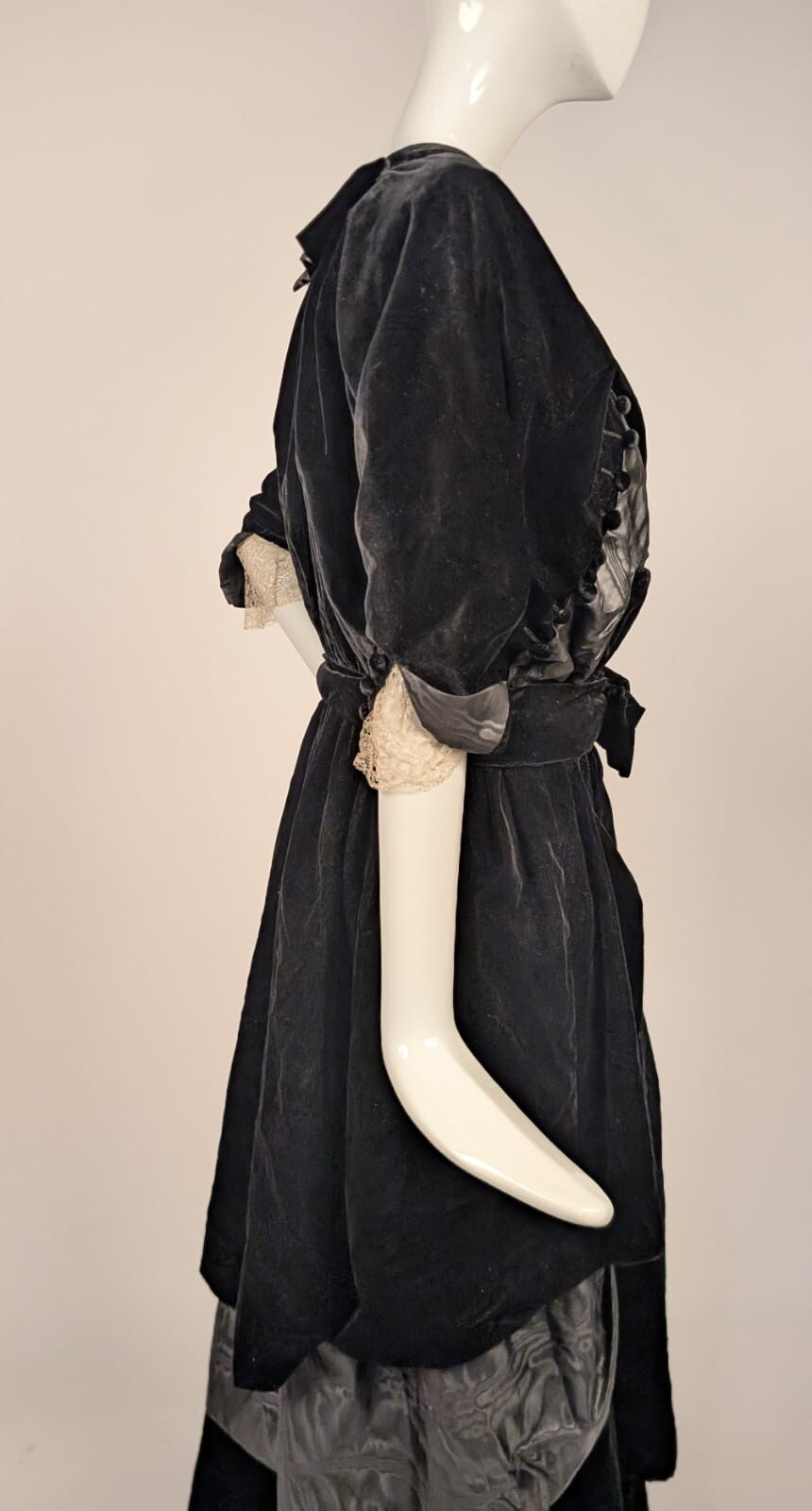 OPULENT EDWARDIAN SILK VELVET + WATERED MOIRE DRESS W LACE SLEEVES