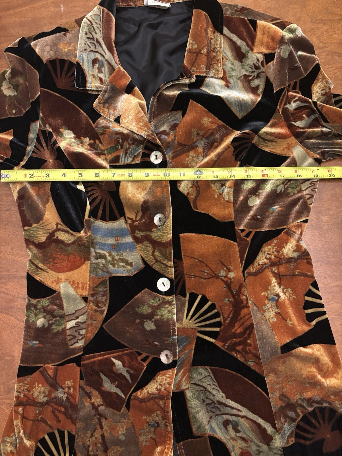 VTG CLIO 1990’s BLACK VELVET / VELOUR FAN PATTERNED DRESS COAT SZ M