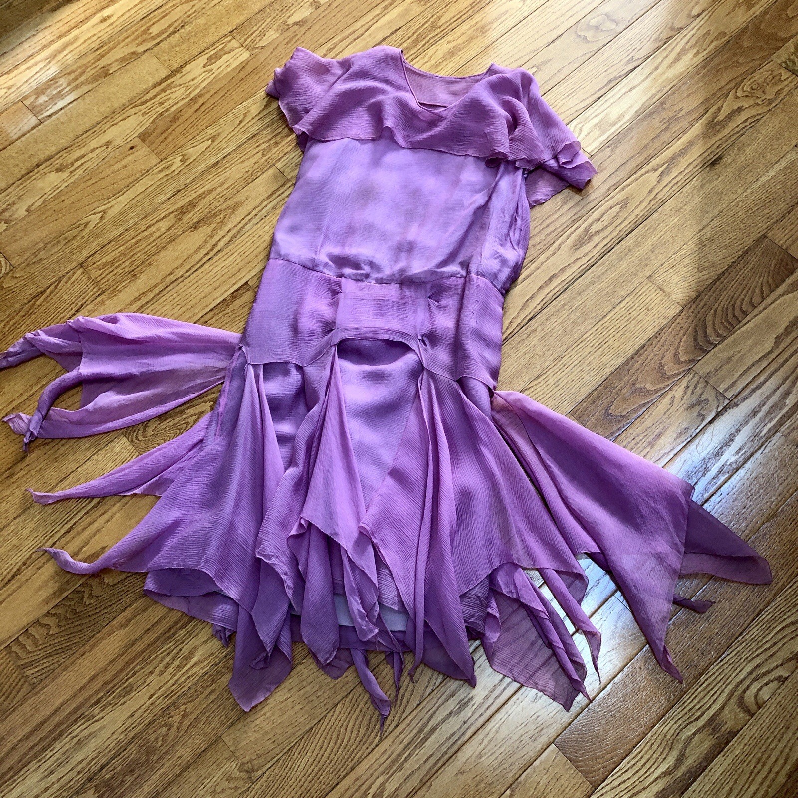 VTG 1920s ORCHID PINK SILK CREPE Great Gatsby Flapper Dress HANDKERCHIEF Hem