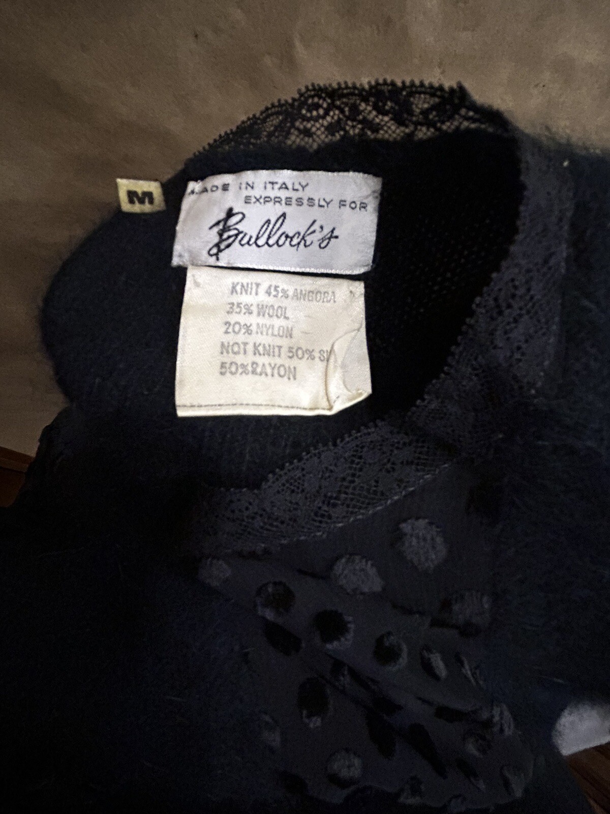 Vintage Black Sweater Size M Italy For Bullock’s Angora/ Wool Polka Dot Sleeves