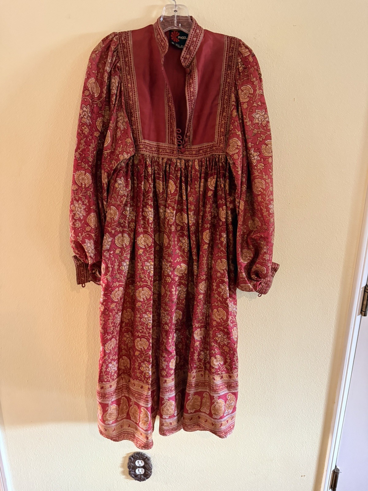 Vintage Phool 70’s Floral Block Print Silk Pheasant Maxi Dress Bohemian Hippie M
