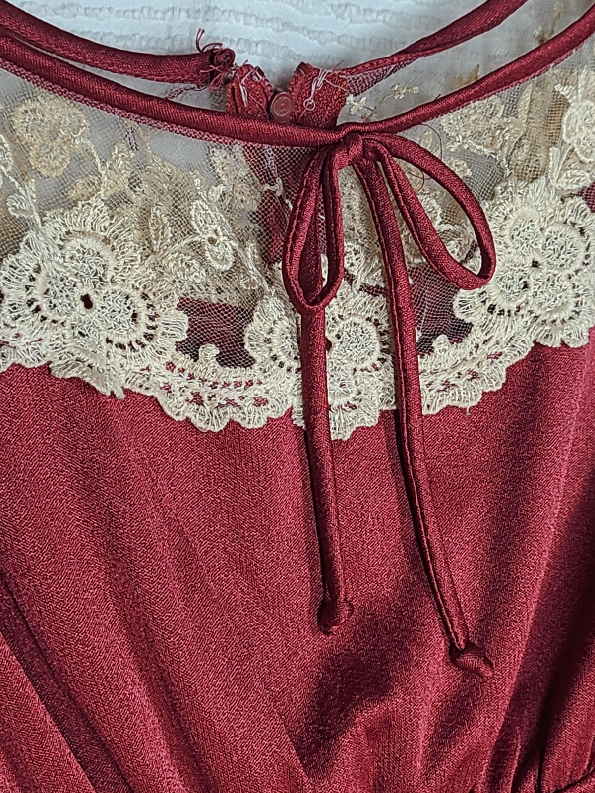 Vintage 1970s Long Dress 14 L Burgundy Liquid Knit Lace Mesh Bust Poly Union Tag