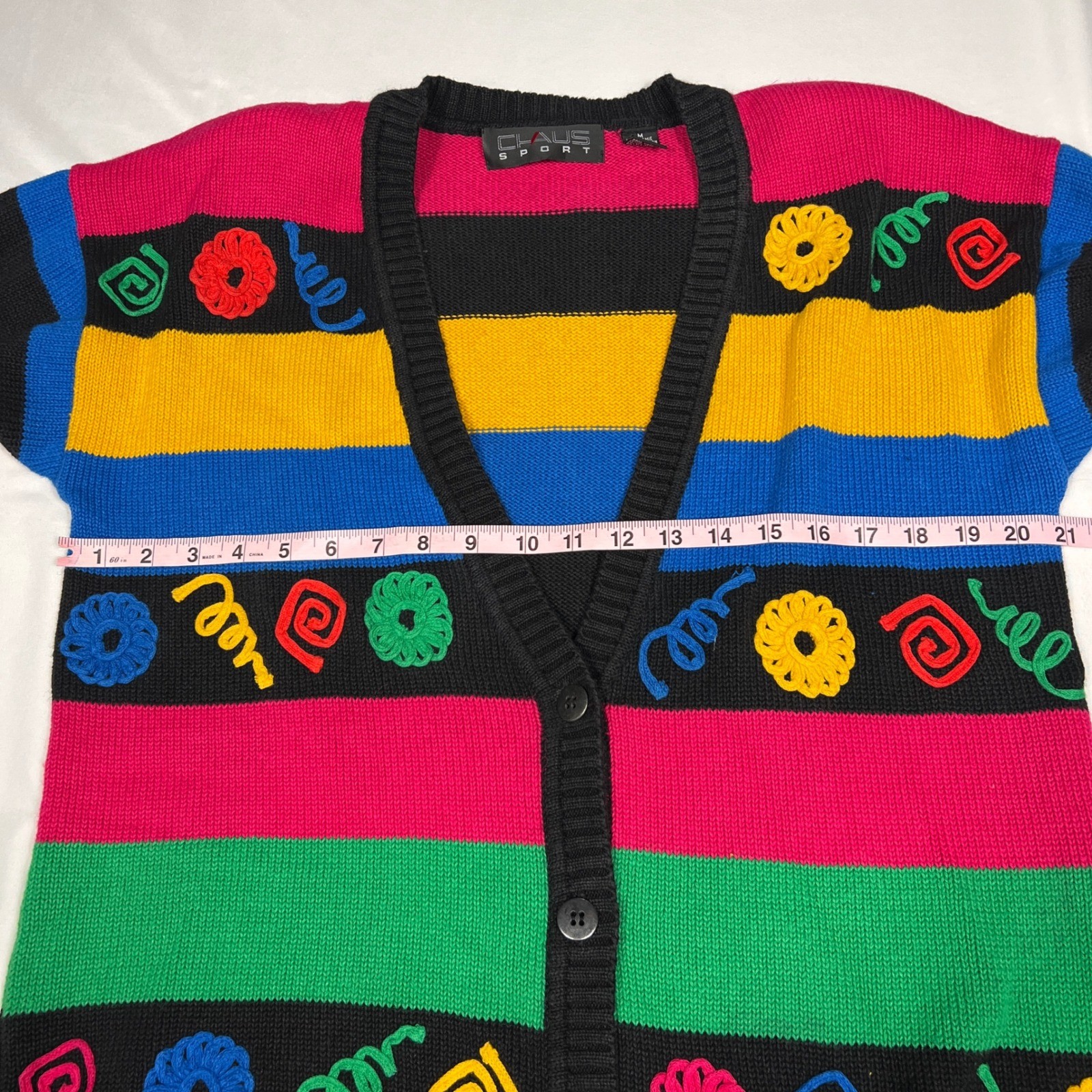 Chaus Sport Vintage Multi-Color Striped Embroidered Cardigan Sweater Womens M