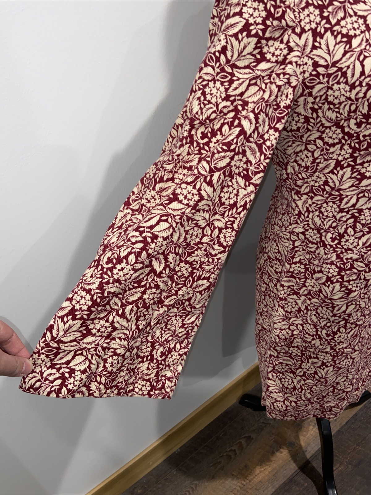 Vintage Homemade Handmade maroon and off white Floral Print Long Sleeve Dress