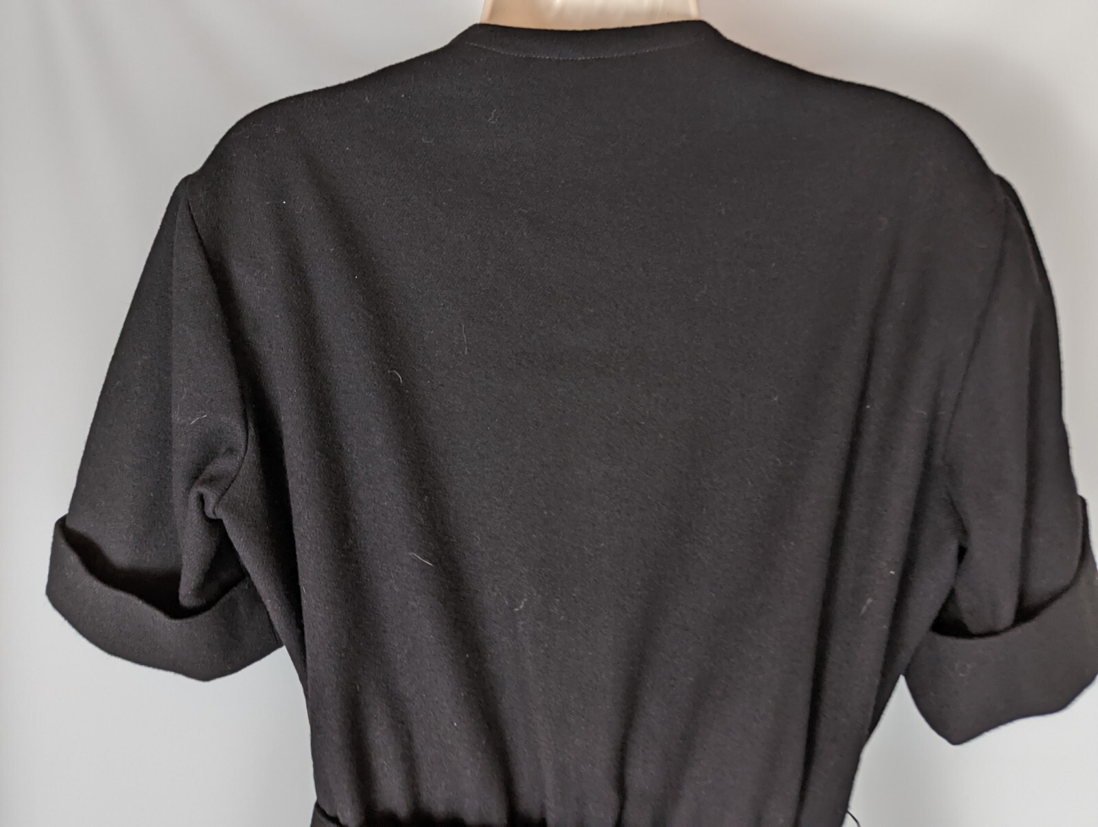 NANCY GREER NEW YORK VTG 70s Black Wool Belted Sheath Dress MED