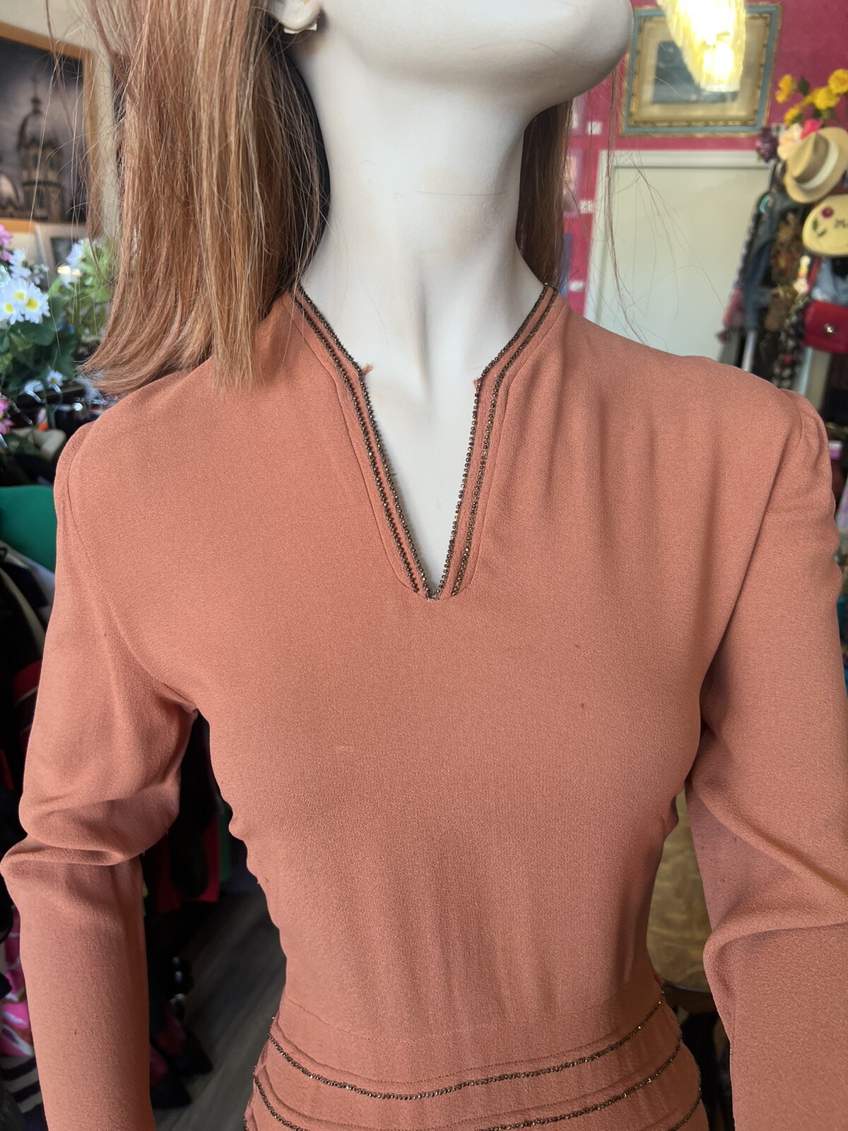 1940s Cinnamon Crepe Dress With Rust Beaded Waist And Fabric Covered Button Back