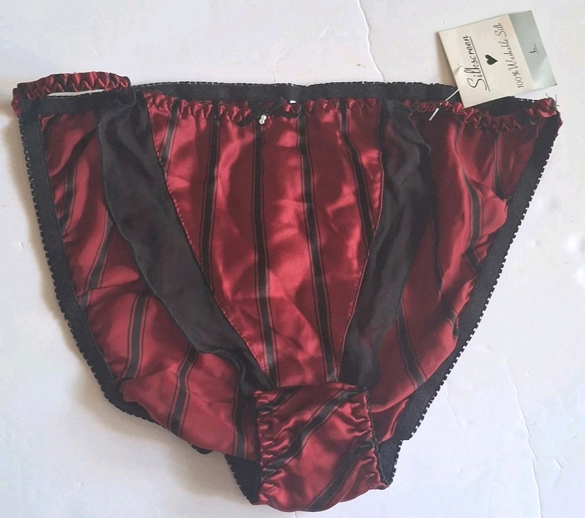Vintage 90s Silkscreen 100% Silk Panty String Bikini Large Red Black Striped