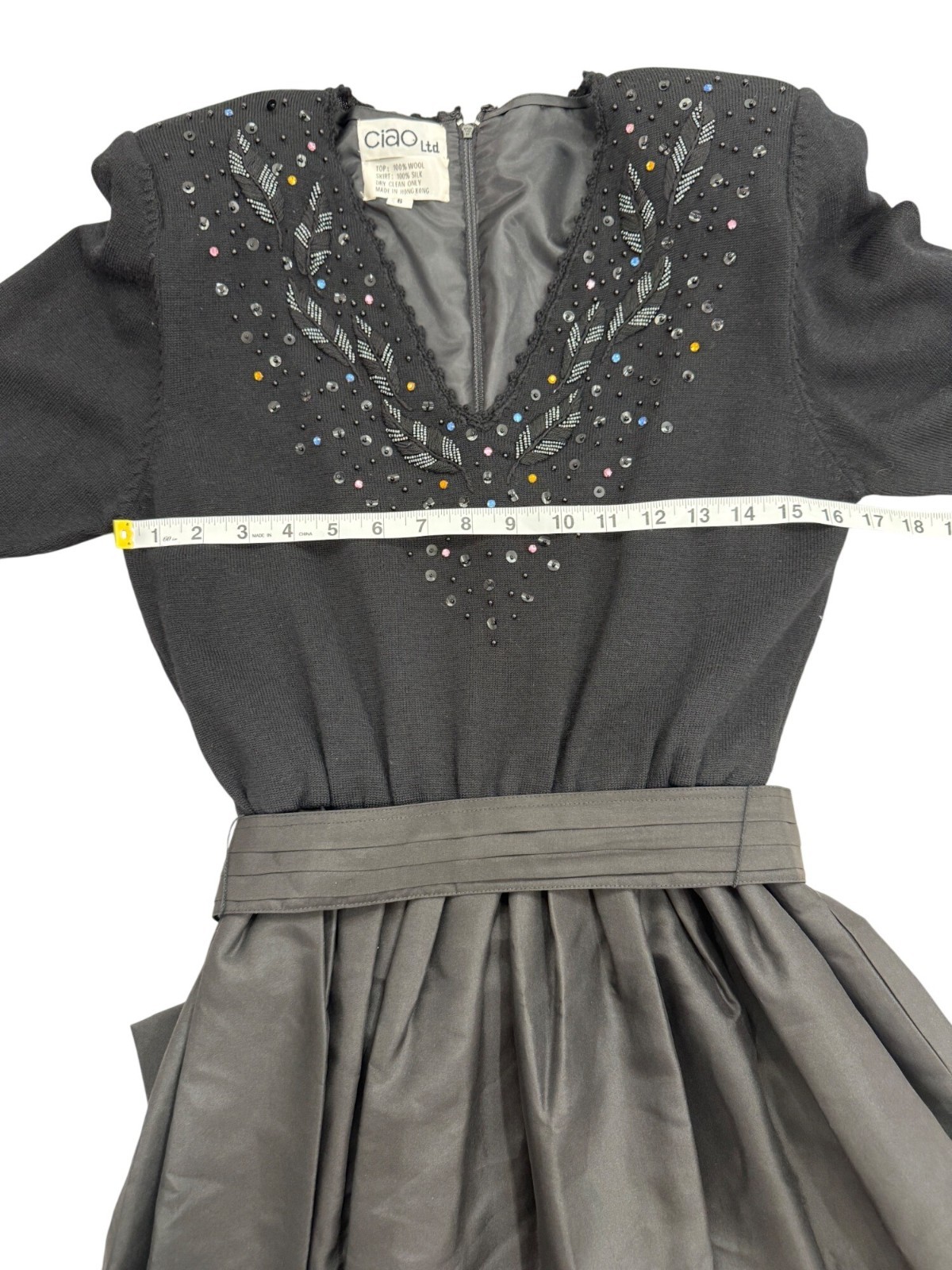 Vtg 70s Ciao Women Size 6 Dress Black Embellished Sweater & Satin Full Skirt MCM