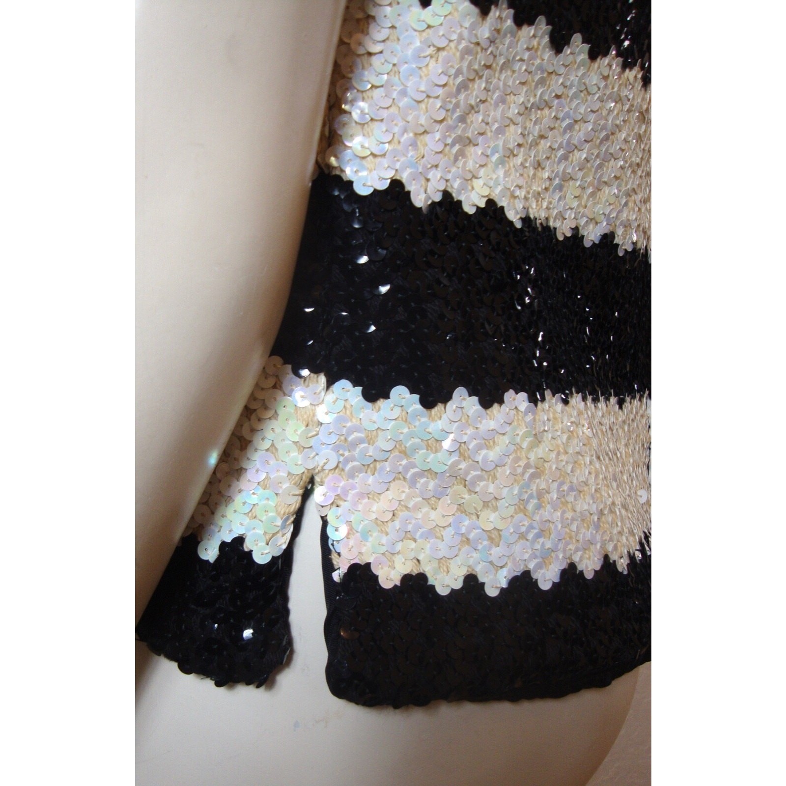 Vintage Sequin Top 60’s GO GO GIRL SZ 9 S M Black White PIN UP Sleeveless Lined