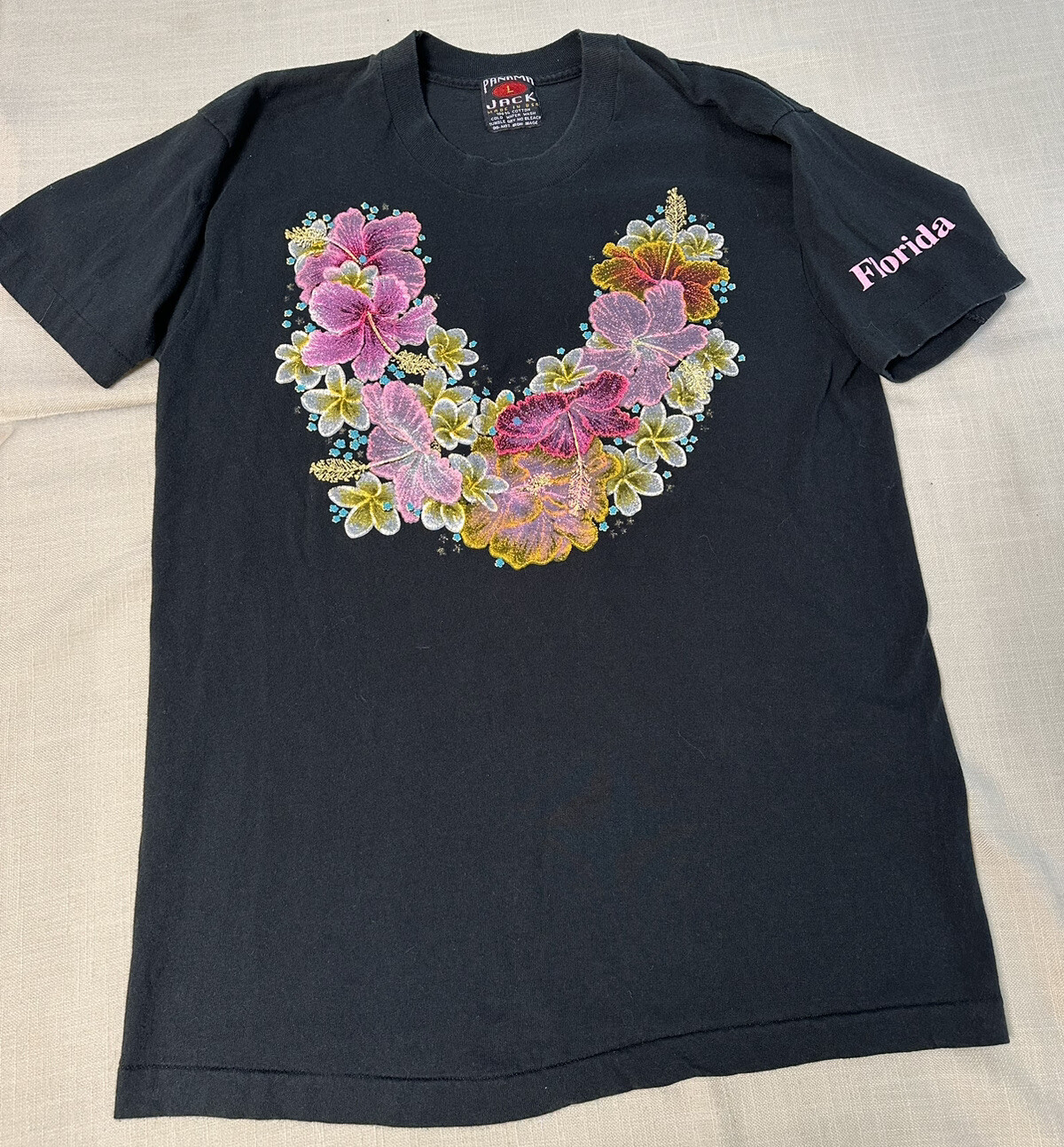 Vintage Panama Jack Florida Ladies Large Short Sleeve Black Floral T Shirt
