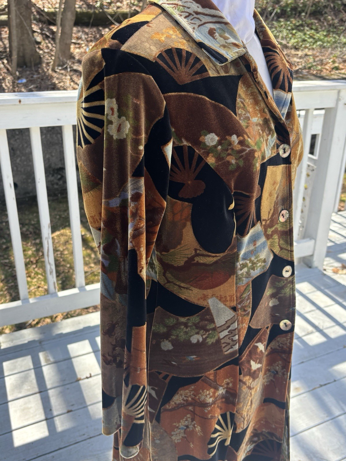 VTG CLIO 1990’s BLACK VELVET / VELOUR FAN PATTERNED DRESS COAT SZ M