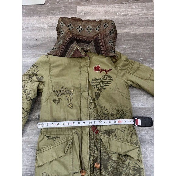 Desigual Vintage Y2K Olive Green Boho Graphic Parka Jacket 38