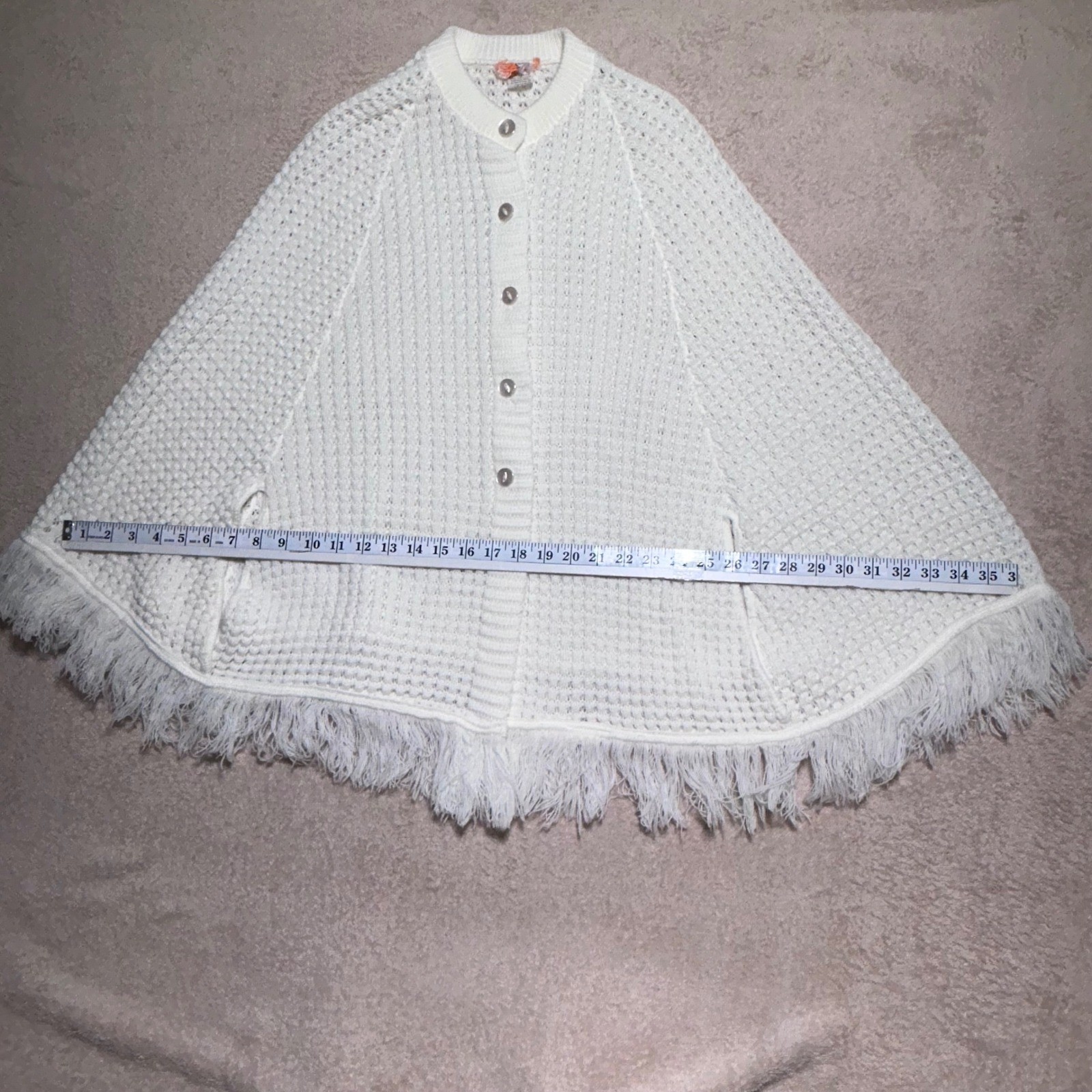 Vintage White Knit Button Front Fringe Cape Wrap Poncho with Arm Slits