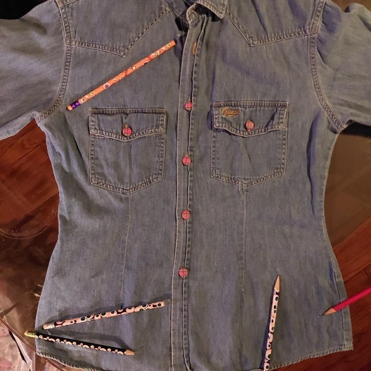 Vintage Guess western style 100 cotton denim button up with plaid fabric buttons