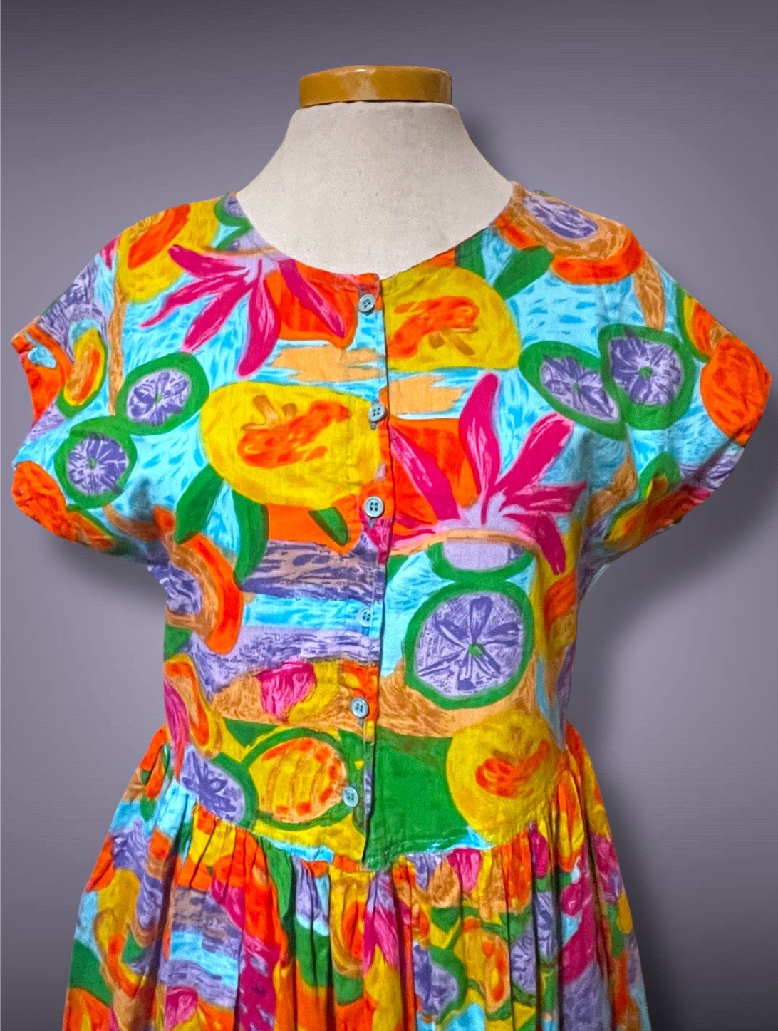 1990’s Bright Rainbow Flower & Fruit Pattern Button Bust Pocket Dress