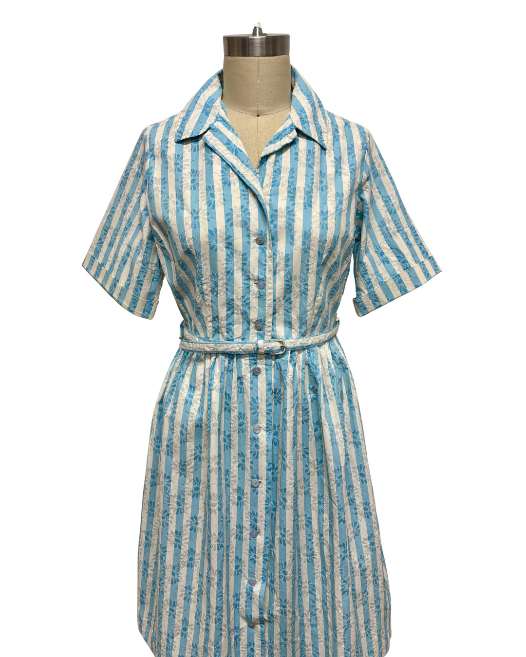 1950s AQUA STRIPED FLOWER EMBOSSED DRESS | 1950s TURQUOISE STRIPED TAFFETA DRESS