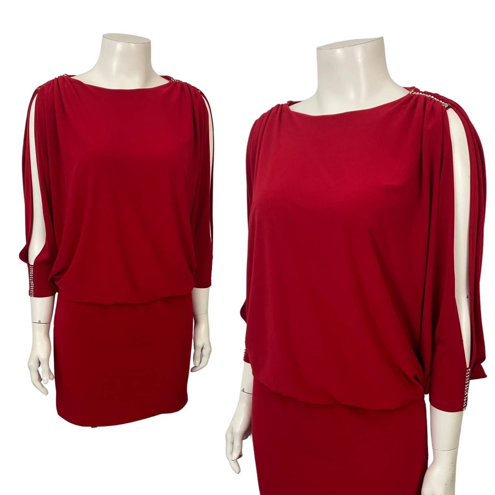 Vintage Red Cache Batwing Sleeve Dress Rhinestone Slit Sleeve Cocktail Small ^