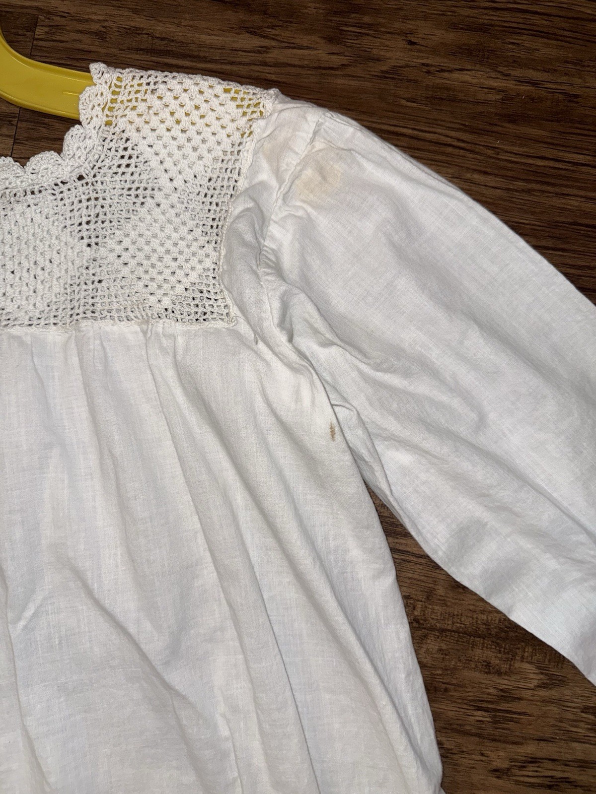 Antique 1900s Edwardian White Cotton Nightgown Hand Crochet Lace Yoke Cuffs