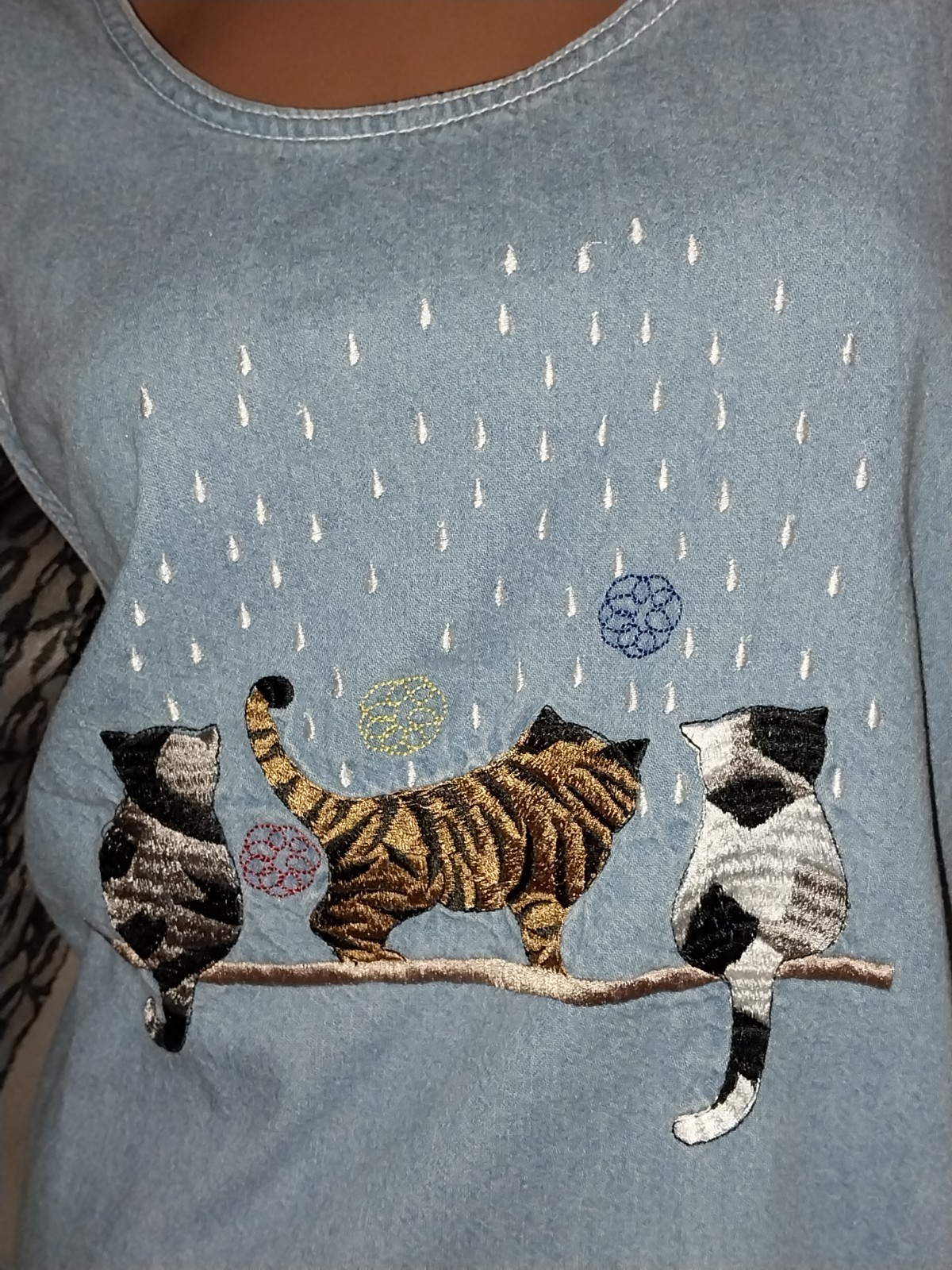 VTG CATS IN THE RAIN EMBRD DENIM DRESS POCKETS BUTTON UP COTTON 44 XL