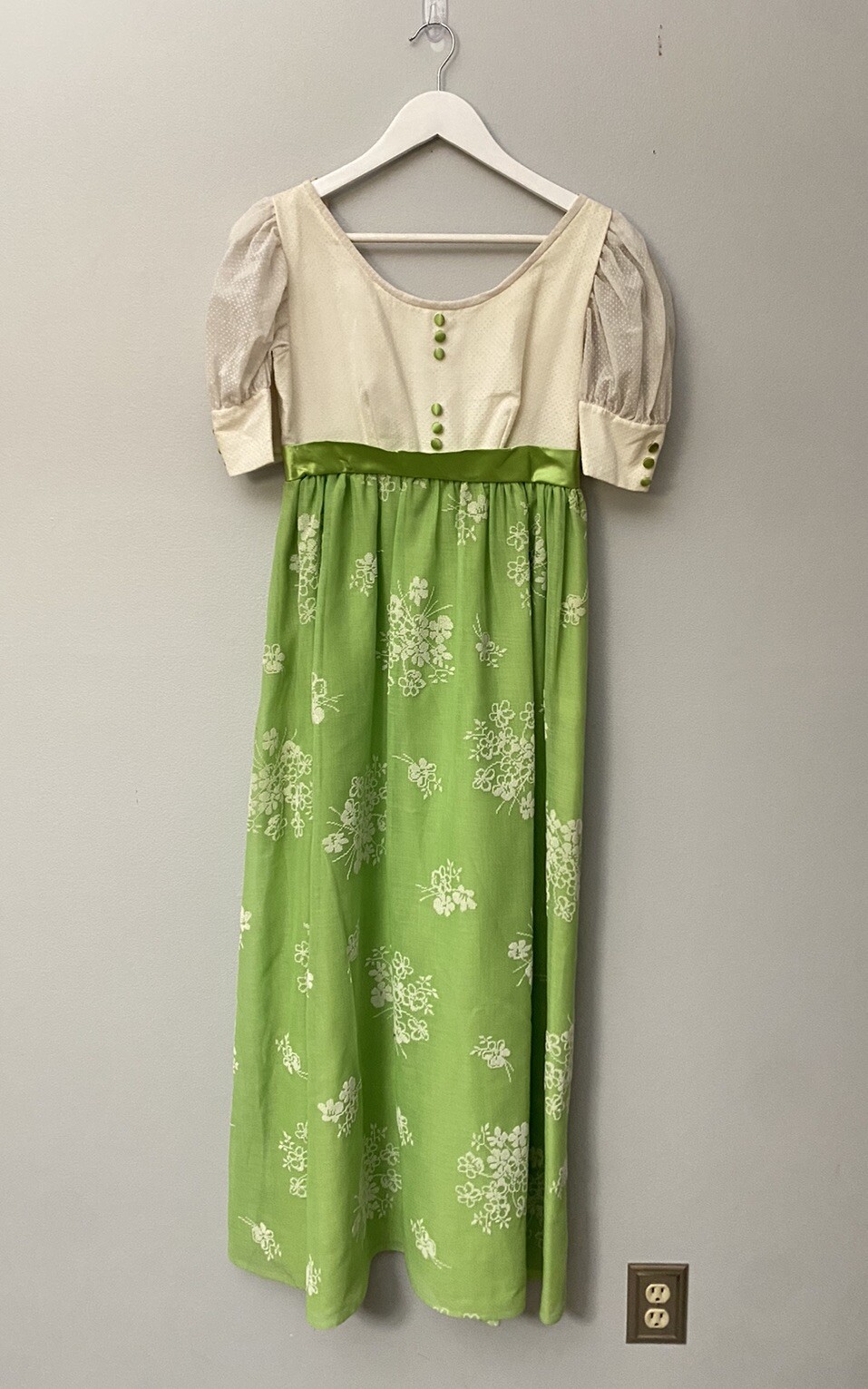 Vintage 60s Cari-Lyn Green Floral Swiss Dot Empire Waist Dress Prairie Cottage