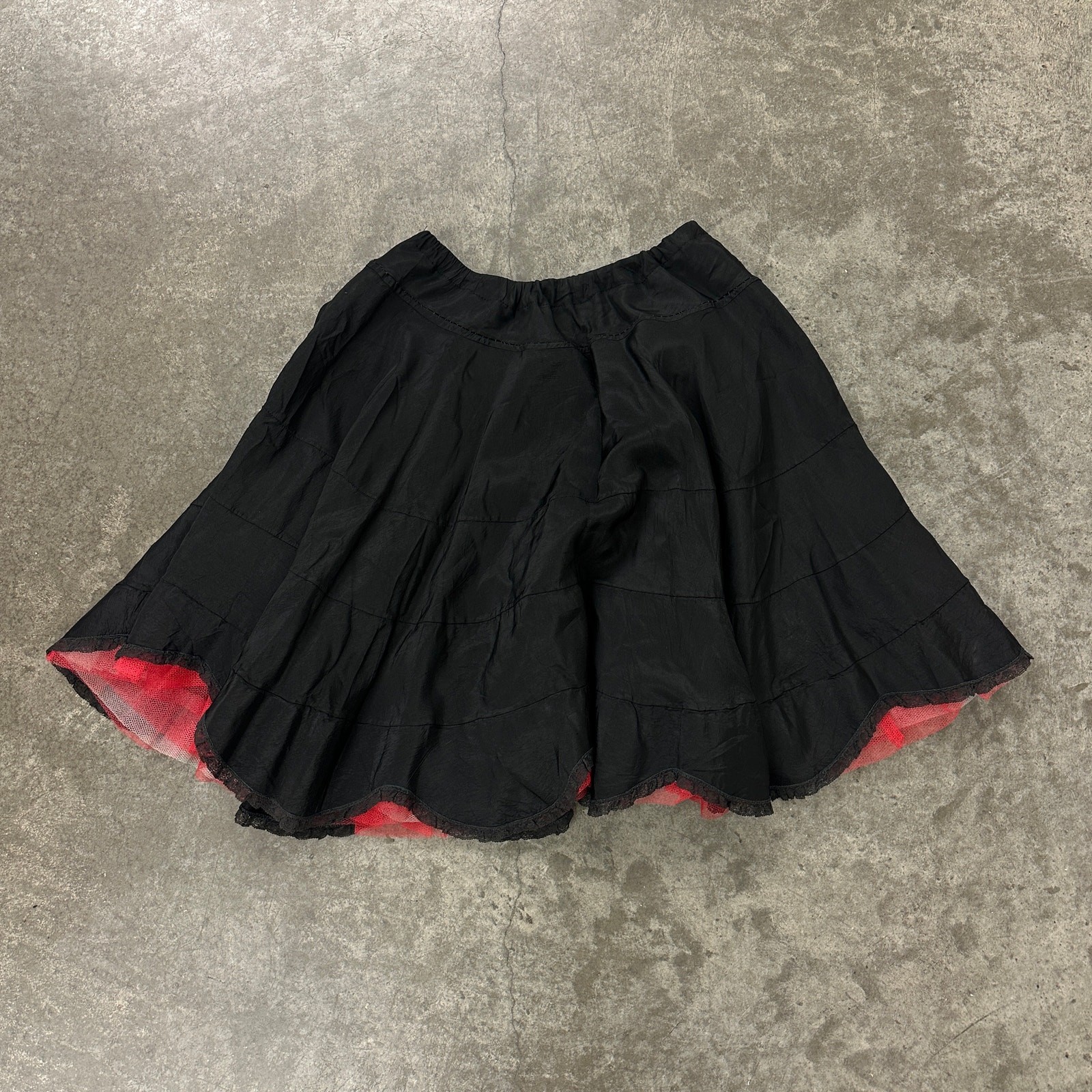 1950s Womens Black Taffeta Ruffle Tulle Skirt Peek-A-Boo Ruffle Uneven Hem Sz S